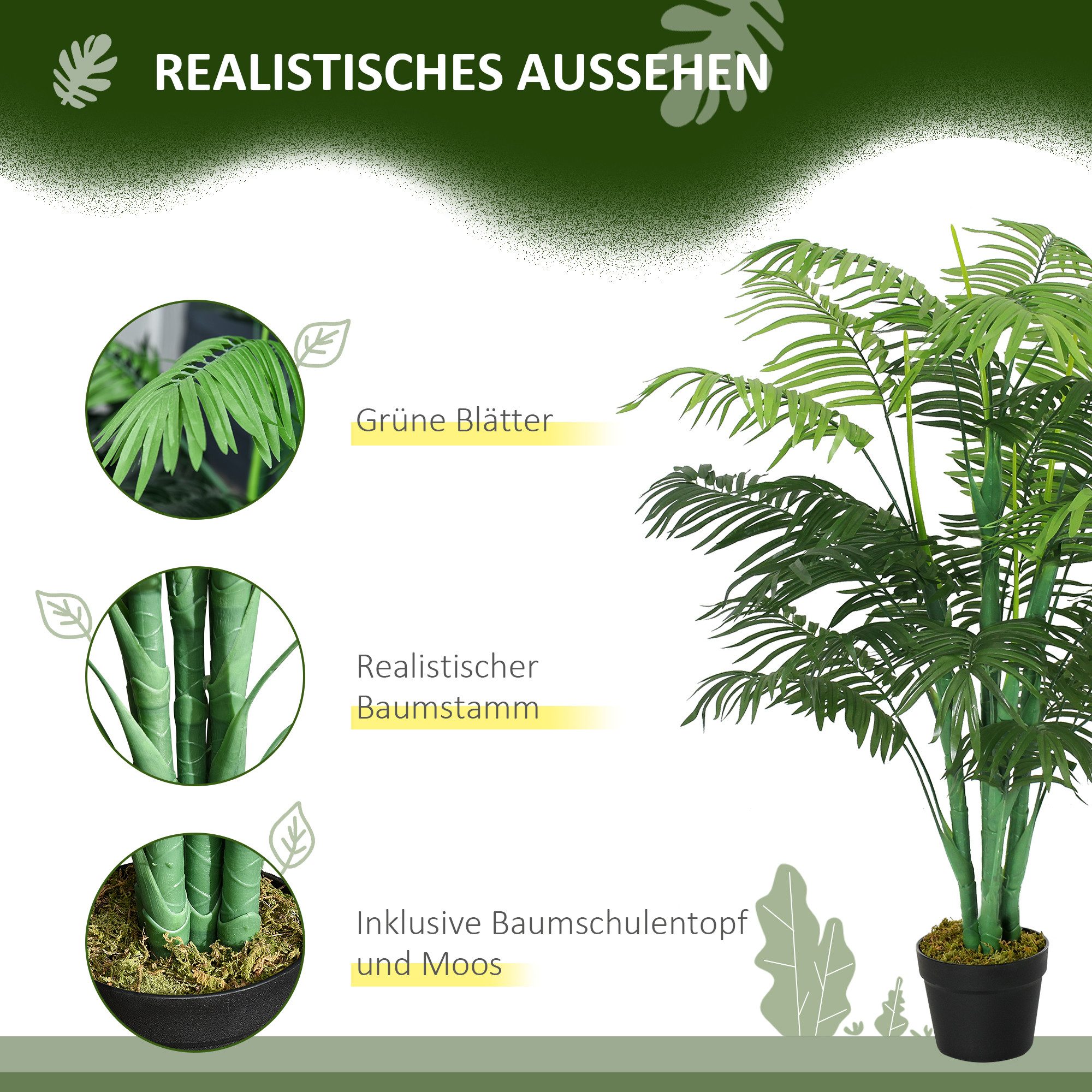Kunstpflanze Künstliche Groß im Topf wie echt Pflanzen Kunstbaum Zimmerpflanze Palme, Outsunny, Höhe 125 cm, Kunstpalme mit 18 Blättern für Wohnzimmer Balkon Bü – Bild 5 von 5