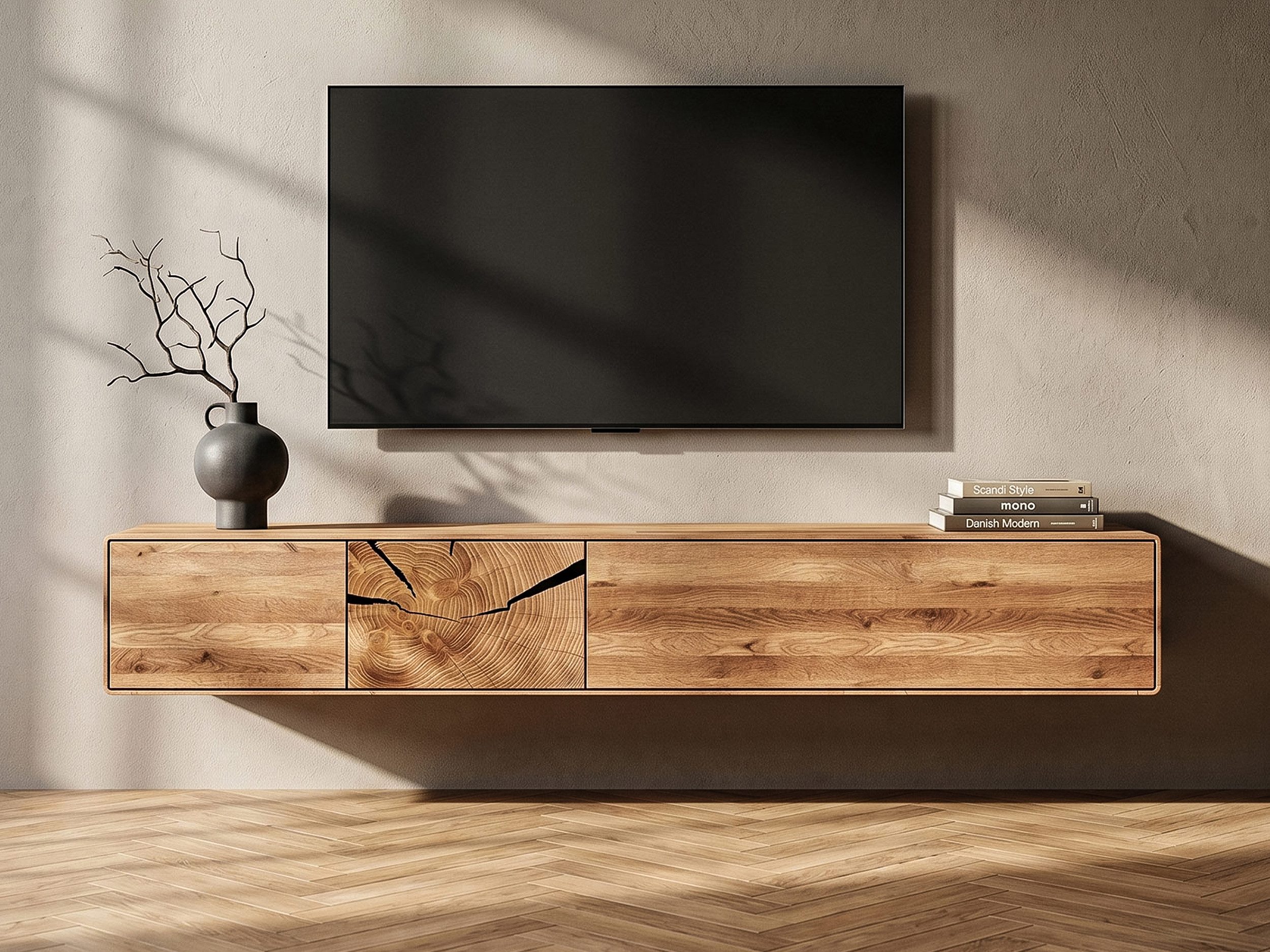 Massivart® Lowboard 220 cm Breite TV-Board Massivholz Wildeiche geölt Hirnholz »TORVEN«, montiert · 2 Drehtüren · 1 Klapptür · Soft-Close-Funktion