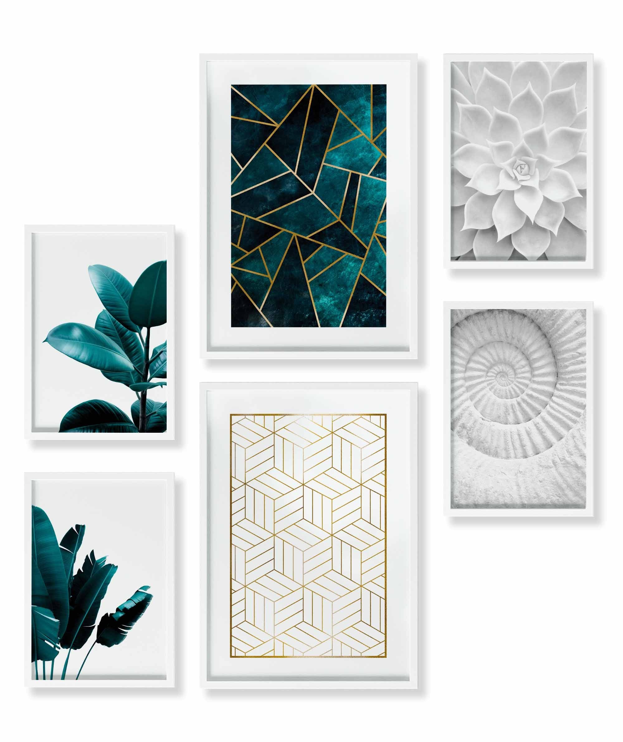 Poster Set als Wohnzimmer Deko, Bilder DINA3 & DINA4, Abstrakt Blatt Gold