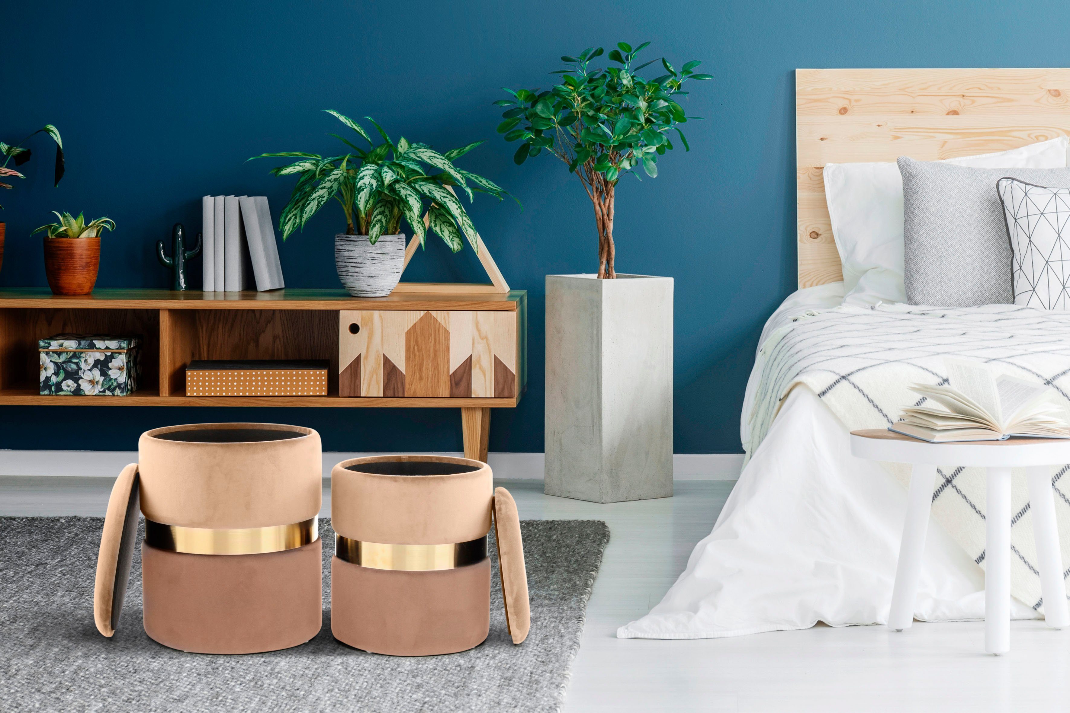 Kayoom Stauraumhocker Hocker Zora 125 2er-Set, samtweicher Stoffbezug,runde elegante Form (Set, 2 St), edles Design mit Metallring, gepolstert, mit Stauraum