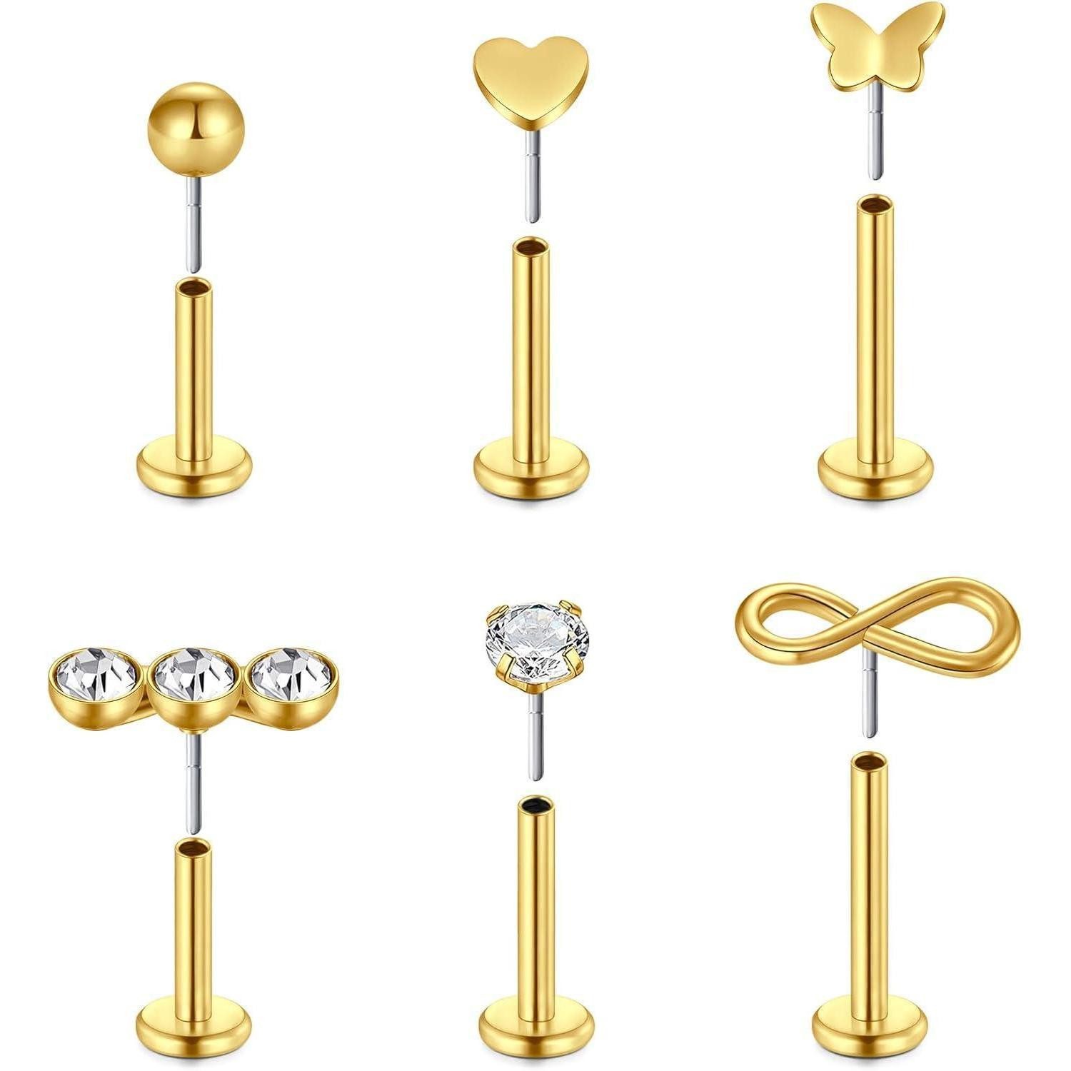 Briana Williams Piercing-Set Push in Lippenpiercing Labret Stecker Edelstahl 6stk 16G 1.2mm Tragus