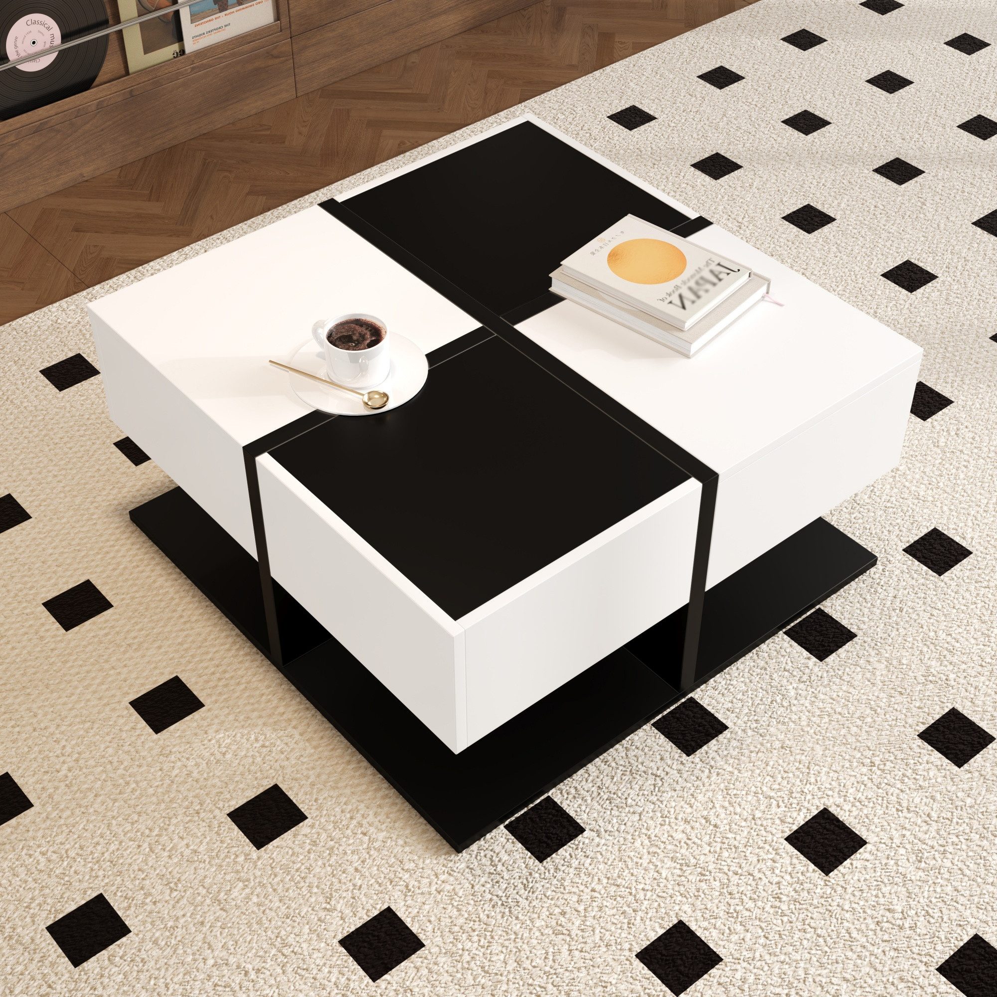 Refined Living Couchtisch Hochglanz-Couchtisch einzigartige Farbabstimmung und Liniendesign (moderner Sofatisch Wohnzimmertisch 70*70*35.5cm, 1-St., Beistelltisch mit geometrische Design), Tisch mit 2 Schubladen, mit versteckten Schubladen, Stauraum unten.