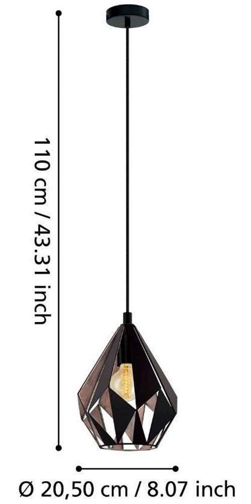 EGLO Pendelleuchte CARLTON 1 Hängeleuchte, schwarz kupfer, Stahl, exkl. Leuchtmittel, ohne Leuchtmittel, Vintage Pendellampe, 1 flammig, Drahtgeflecht, Industrial, 110x20,5cm
