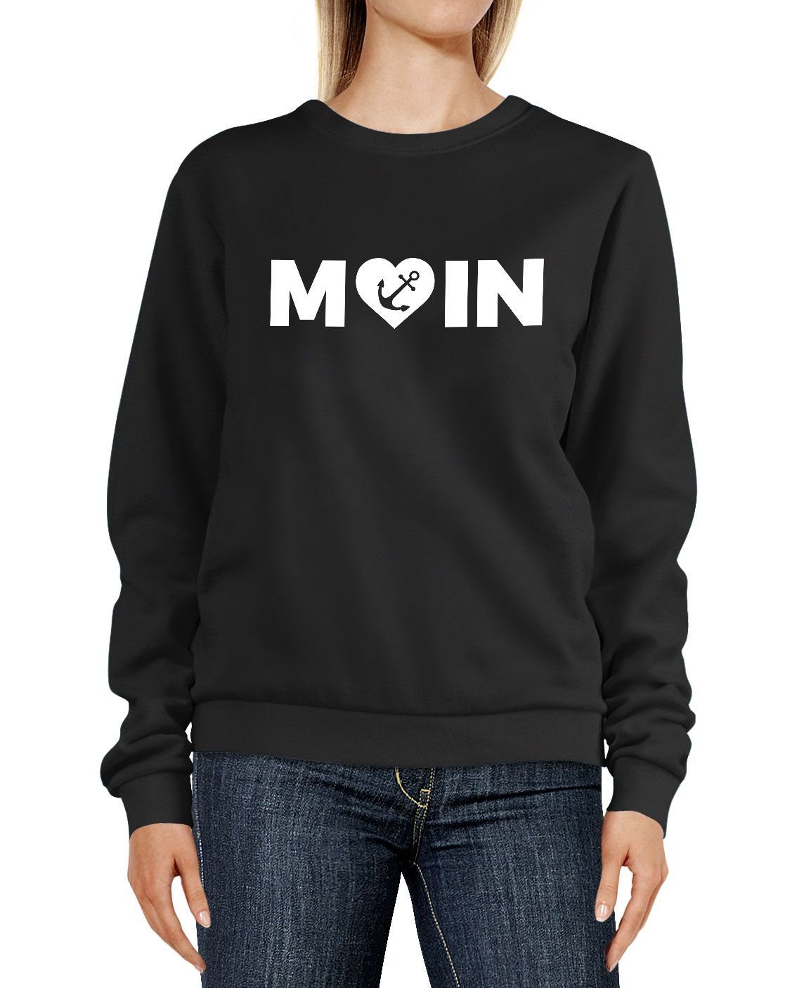 MoonWorks Sweatshirt Sweatshirt Damen Aufdruck Moin Herz mit Anker Rundhals-Pullover Pulli Sweater Moonworks® schwarz