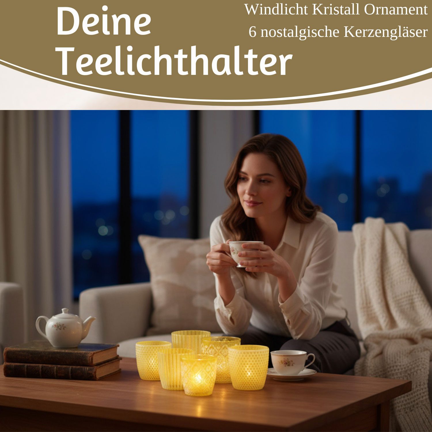 LS-LebenStil Teelichthalter 6x Glas Teelichtgläser Retro Gelb 7-9cm Set Windlicht (6´er Set Kristall Ornament Windlicht für Teelichter, 6 St., Halter Kerzenständer Tischdeko Kerzenhalter Gläser für Teelichter), Deko Hochzeit Ostern Weihnachten Konfirmation