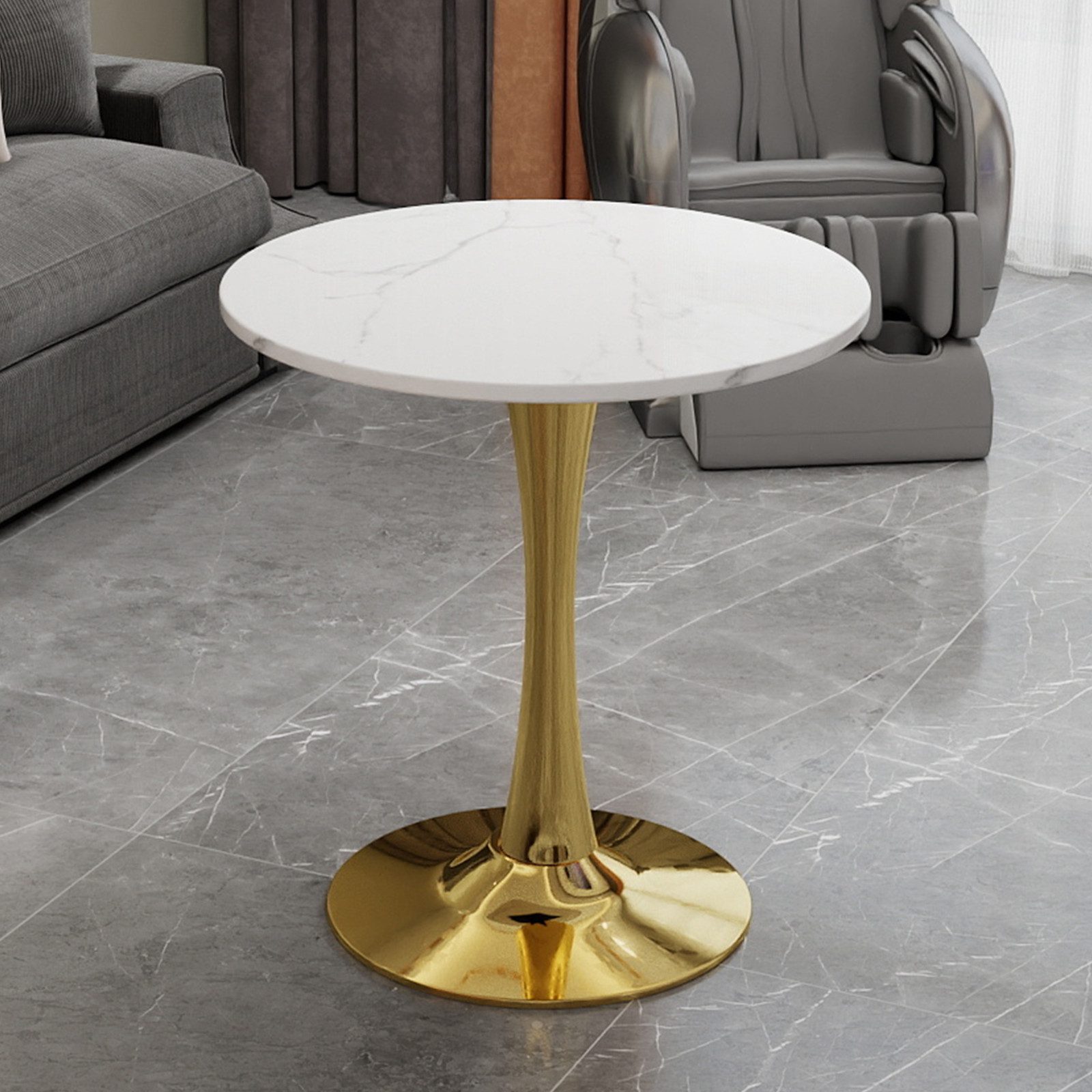 Odikalo Couchtisch Beistelltisch Wohnzimmertisch Sofatisch Esstisch Schwarz Weiß Grau (27,6 Zoll Durchmesser Esstisch im Mid-Century-Modern-Stil geeignet für 2-4 Personen mit runder Marmorplatte in weißer Maserung vielseitig einsetzbar für verschiedene Umgebungen)
