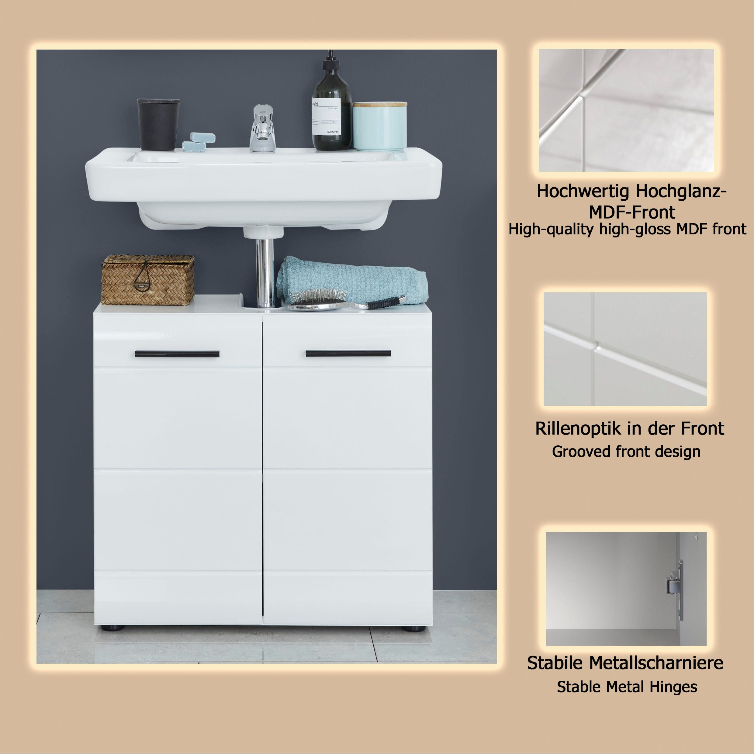 welltime Waschbeckenunterschrank Sovana Waschtisch mit verstellbarem Fach - Maße (B/T/H) 60/31/56 cm