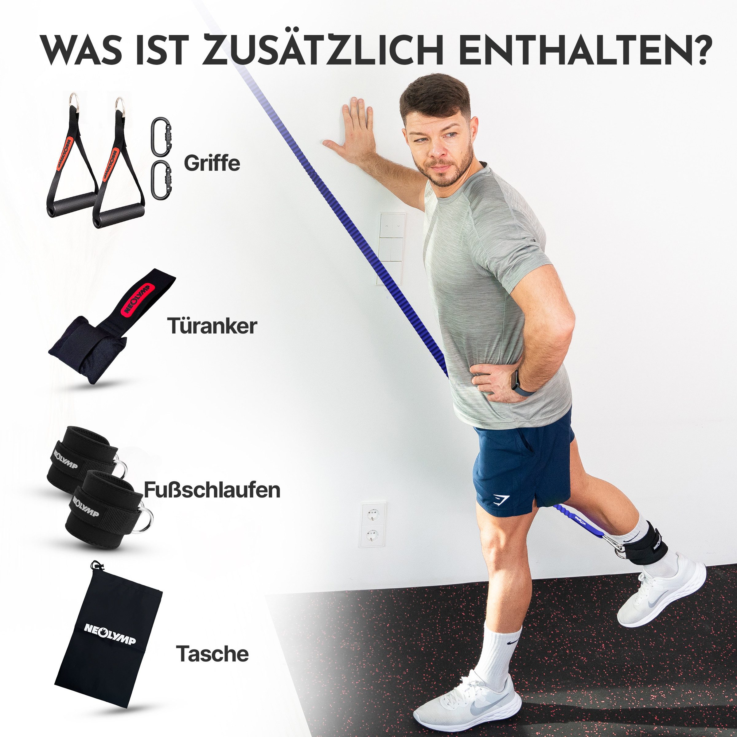 NEOLYMP Trainingsband Premium Resistance Bands Set mit E-Book - Fitnessbänder Expander Set, Widerstandsbänder mit 5 Stärken, Türanker, Griffen & Fußschlaufen