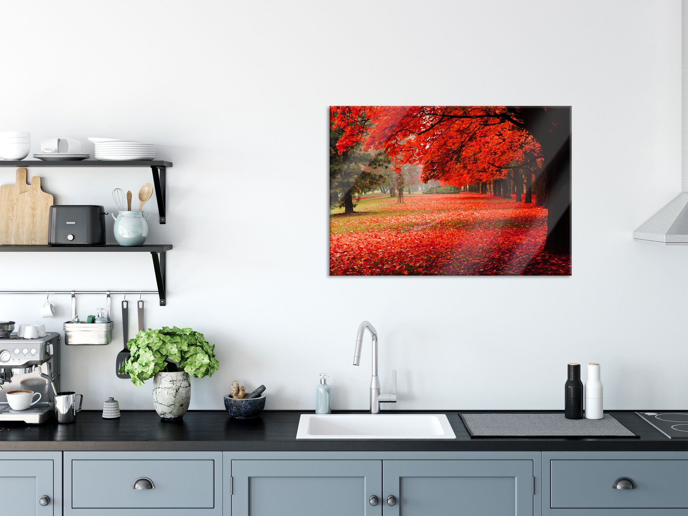 Park Pixxprint St), Aufhängungen aus Rot inkl. Glasbild Abstandshalter Herbst Herbst, Park Rot und Echtglas, gefärbter gefärbter im Glasbild (1 im