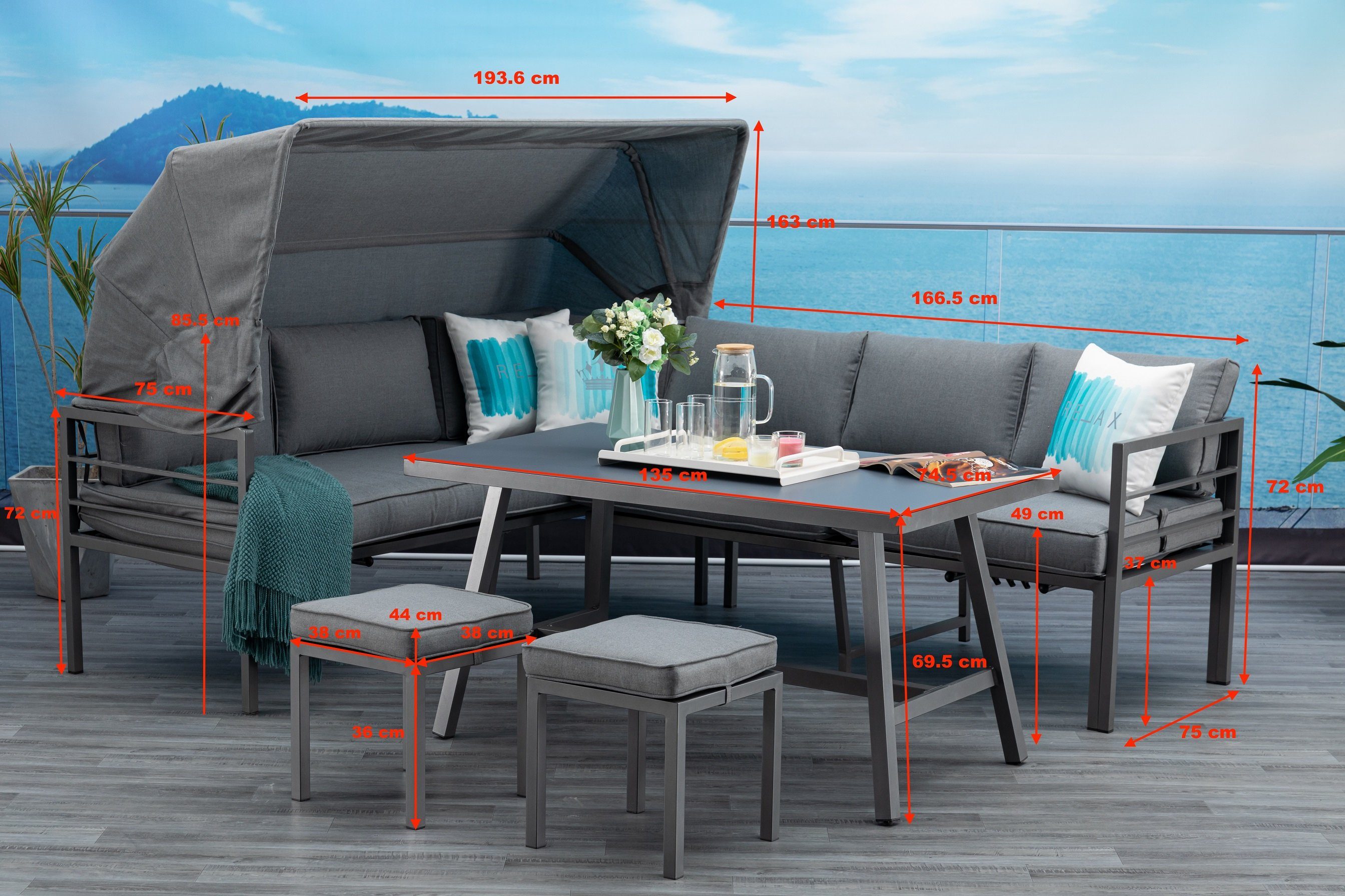 MANDALIKA Garden Gartenlounge-Set Newport anthrazit Gartenmöbelset Dining Eck Lounge, (Spar-Set, 4-tlg., Alu, Ecklounge, Esstisch, 2 Hocker inkl. Auflagen), ink – Bild 3 von 5