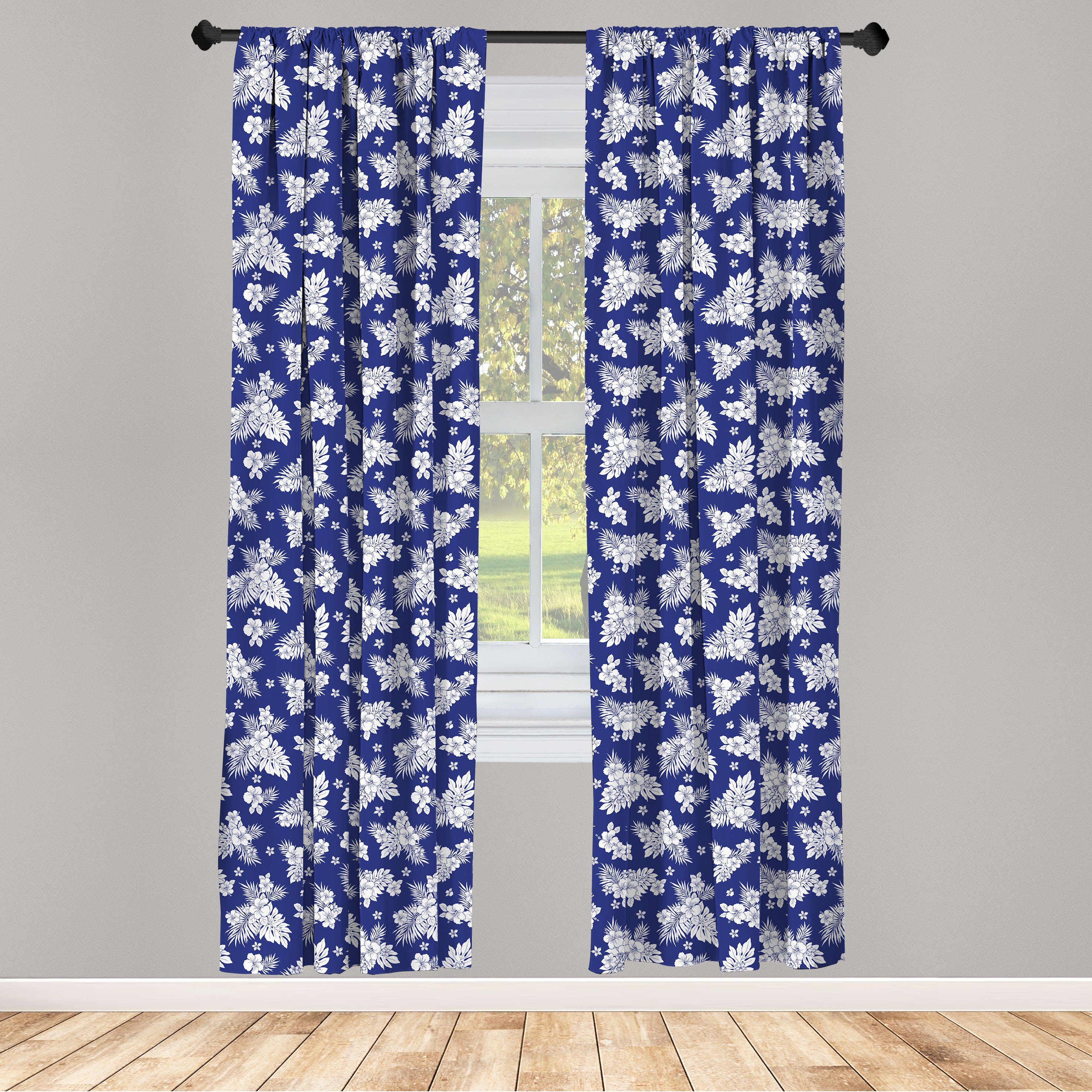 Gardine Vorhang für Wohnzimmer Schlafzimmer Dekor, Abakuhaus, Microfaser, Blau und weiß Silhouette der Blume