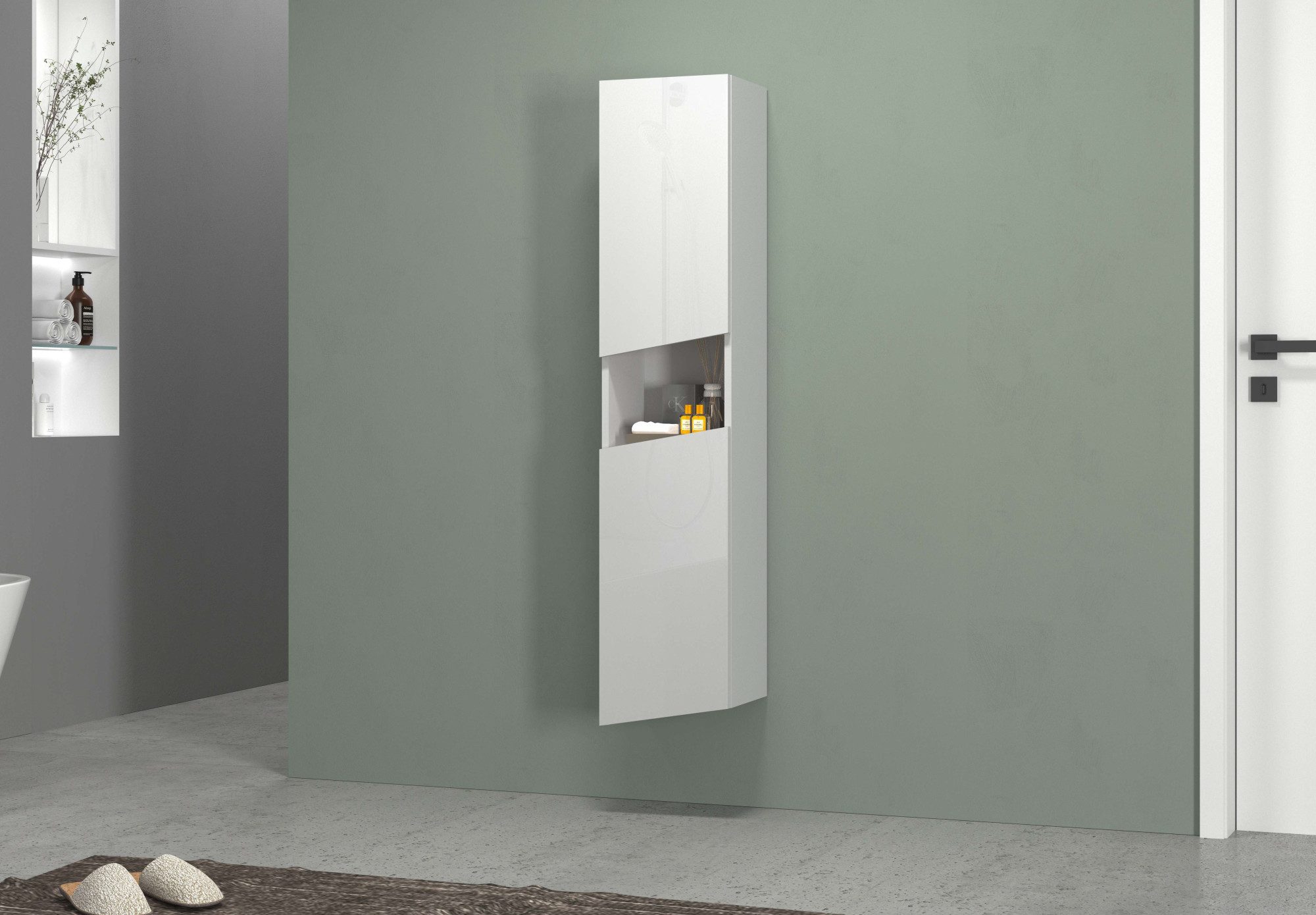 welltime Hochschrank Vela, Hochschrank, Badschrank schmal, Badezimmerschrank, hängend (1-St) Breite 30 cm, 2 hochglanzlackierte Türen, 5 verstellbare Fächer