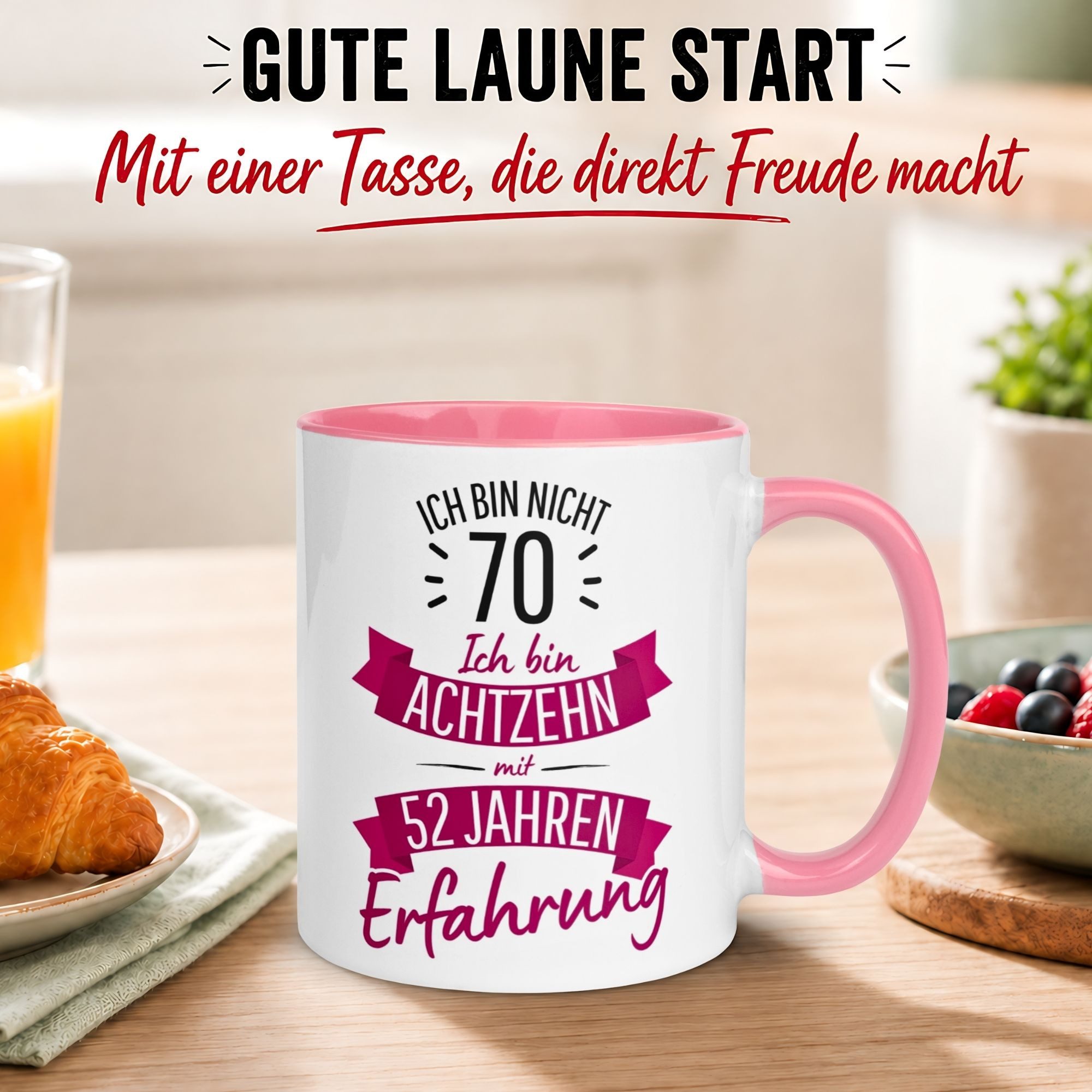 Momentals Tasse 70 Geburtstag Frau – „Nicht 70 – Ich hab Erfahrung“ – Geschenk Frauen, Gratis Versand · Links-&Rechtshänder · Spülmaschinenfest