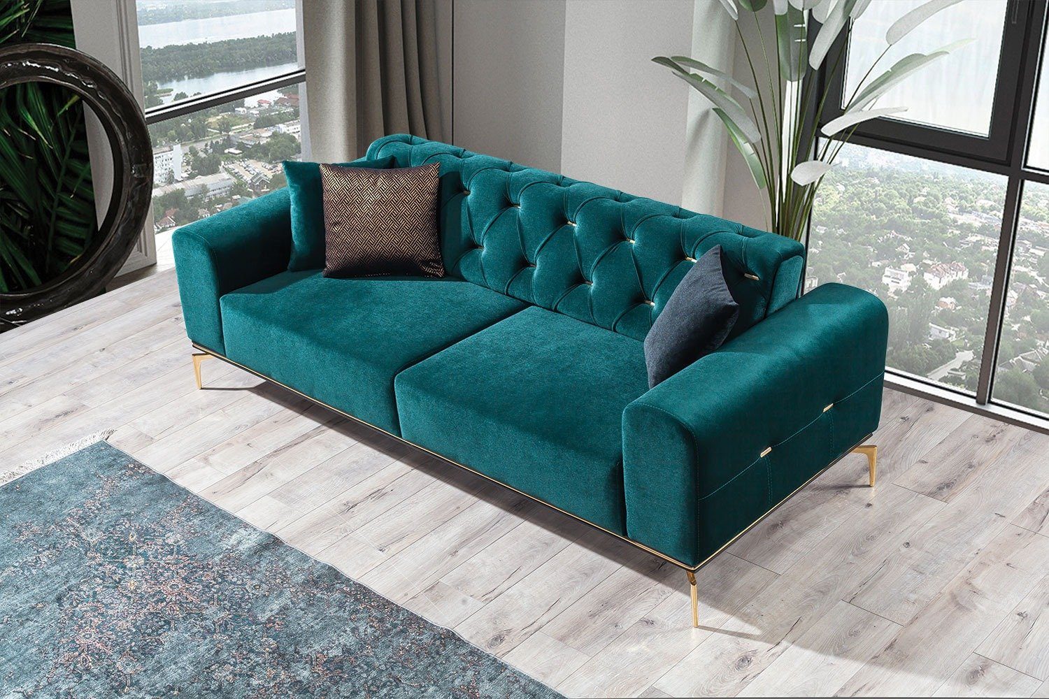 Villa Möbel Sofa Goldy, 1 Stk. 2-Sitzer, Quality Made in Turkey, pflegeleichter Mikrofasersamtstoff Türkis