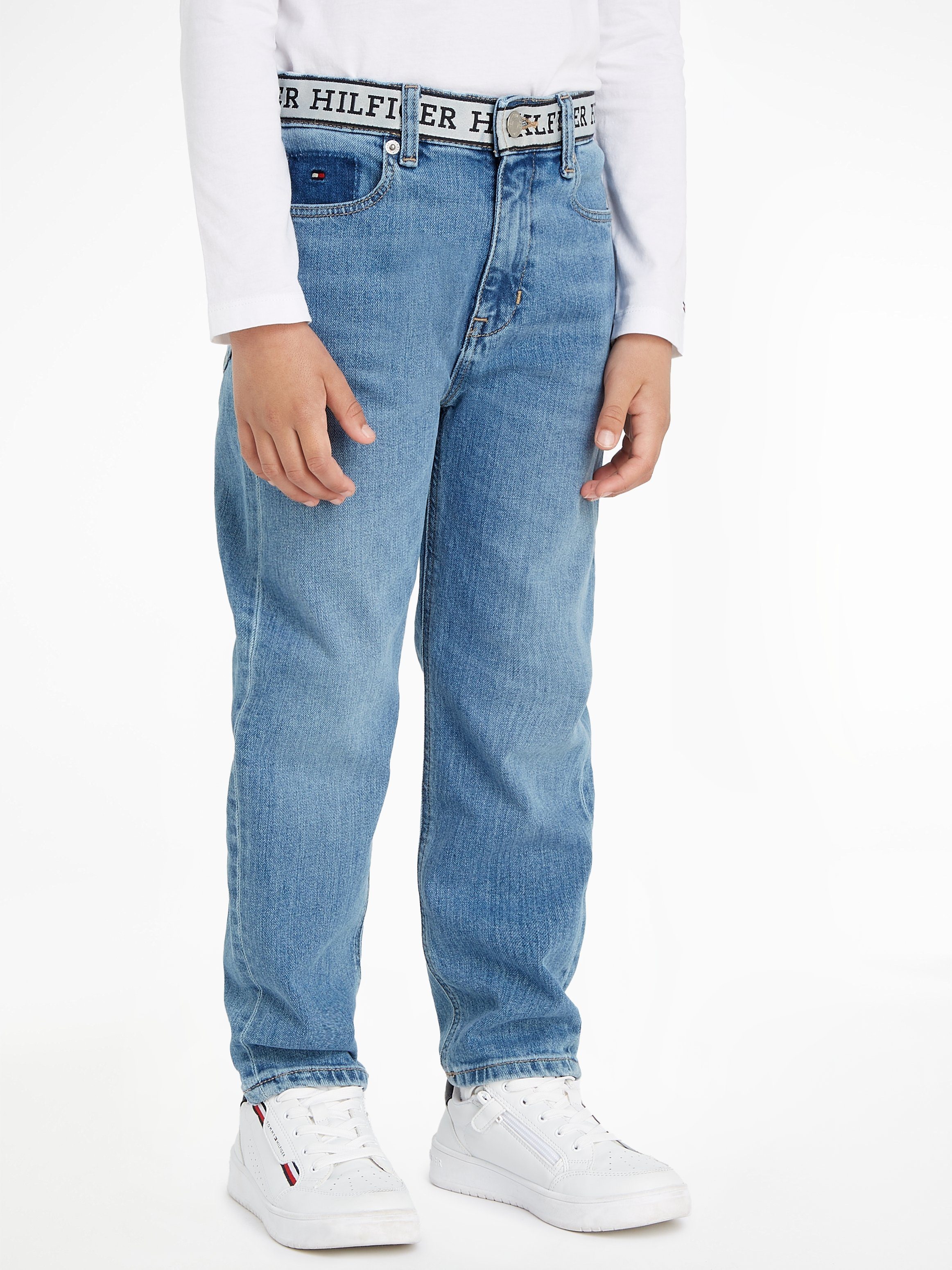 Straight-Jeans Hilfiger Bund MID Tommy WASH am mit ARCHIVE Logoschriftzug RECONSTRUCTED