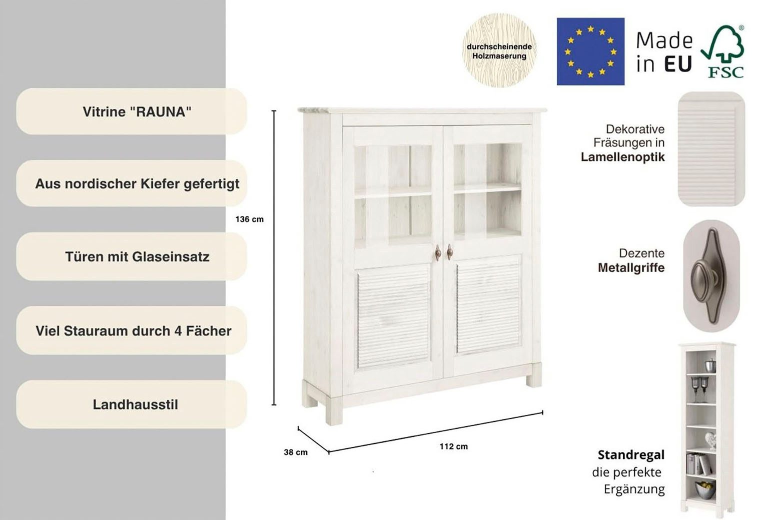 OTTO home Highboard Rauna, Vitrine, Breite 111,6 cm, aus massiver Kiefer