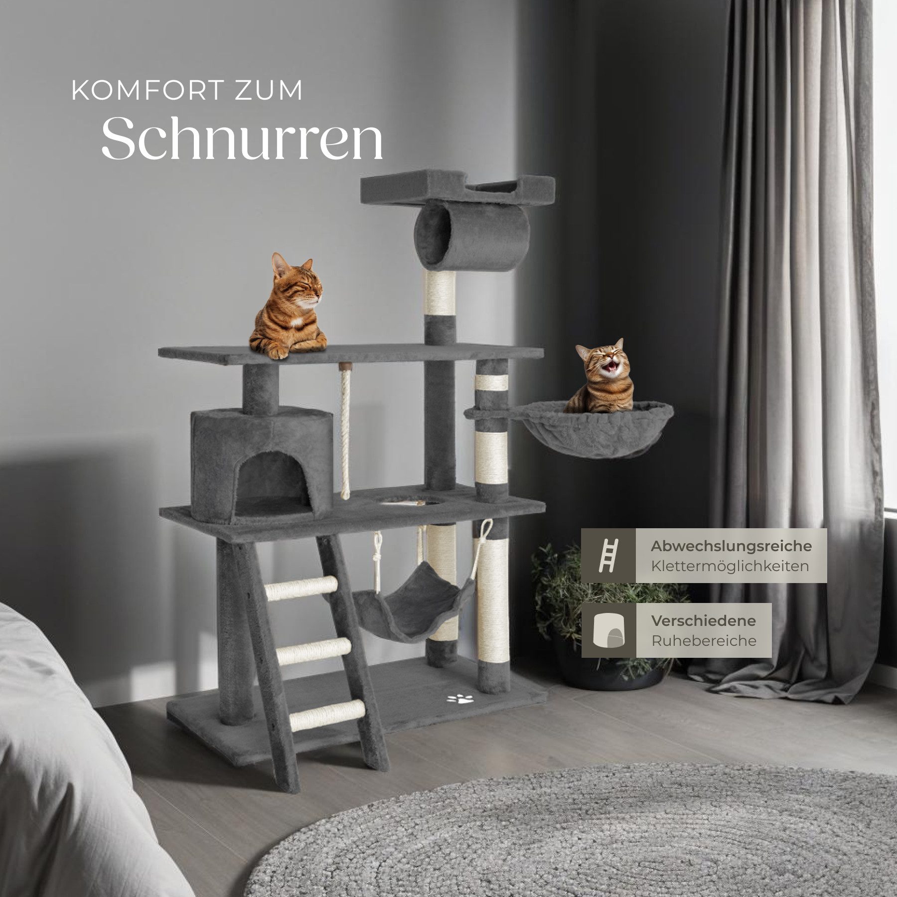 tectake Kratzbaum Katzenbaum Marcel 141 cm Diverse Farben - Grau, Vielseitig mit robusten Sisalstangen und Plüschoberfläche