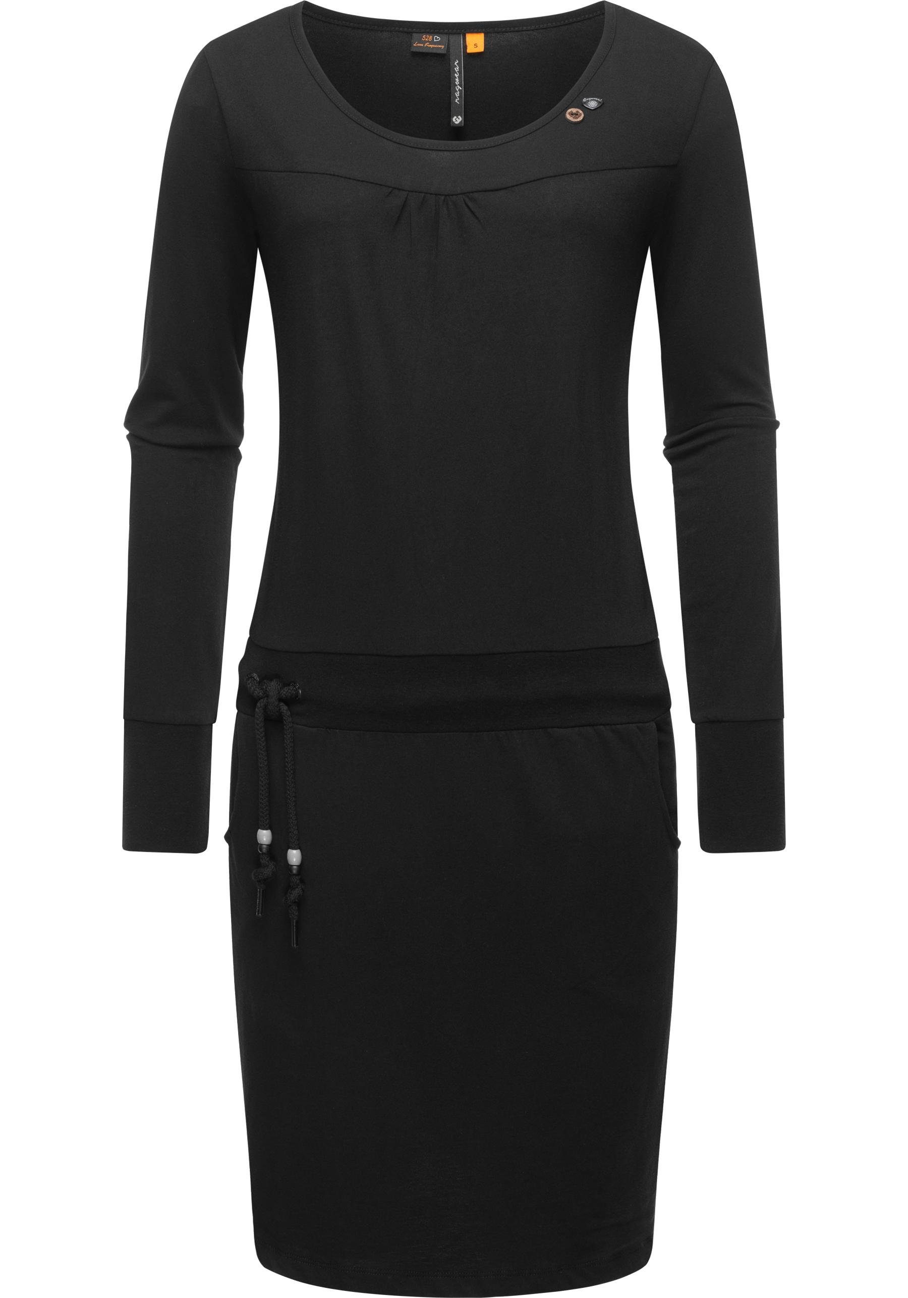 Ragwear Jerseykleid Penellope Langärmliges Damen Baumwoll-Kleid mit Taillenzugband schwarz
