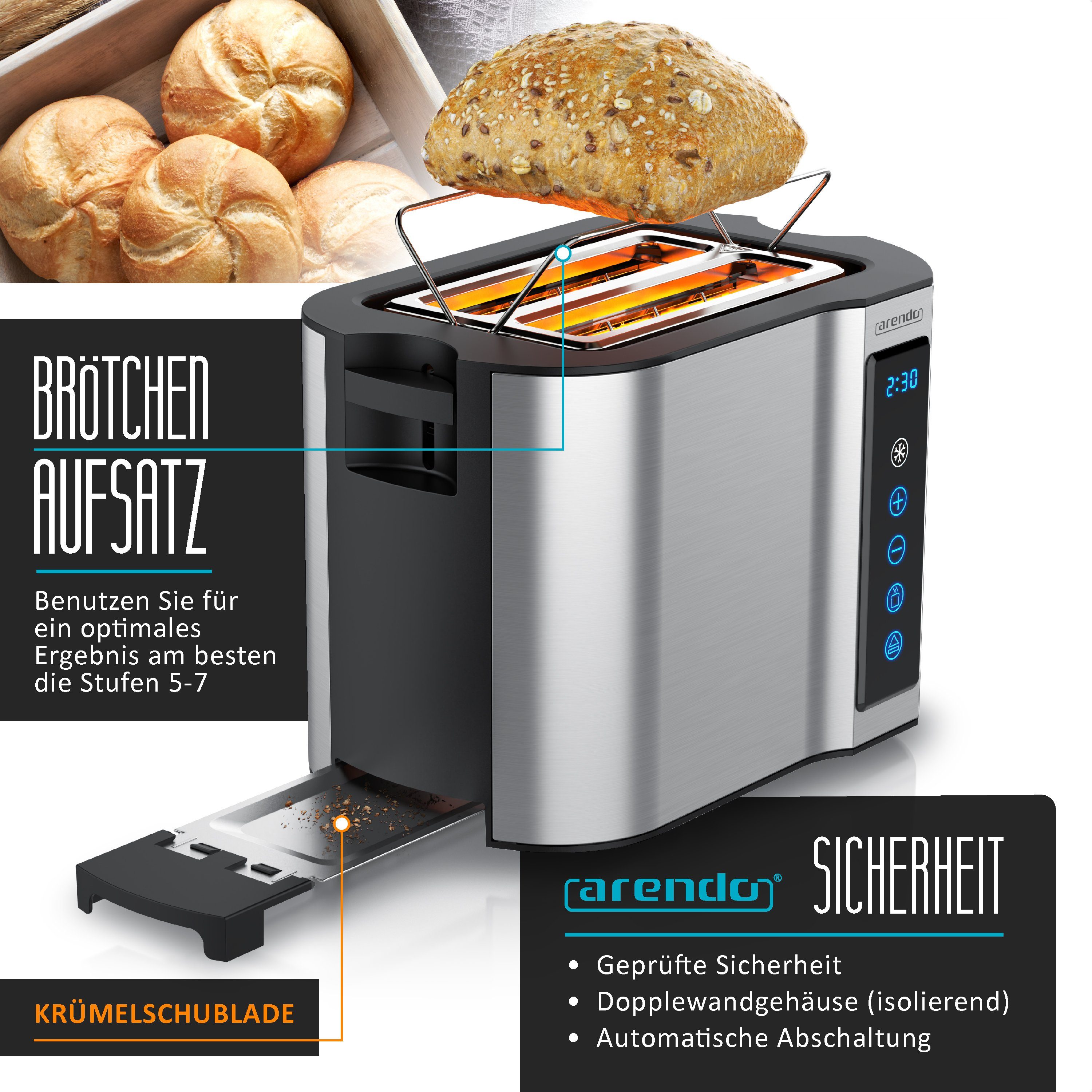 Arendo Toaster, 2 Schlitze, Display, 800 Kurzschlitz, W, Scheiben, 2 Gehäuse, kurze Touch Brötchenaufsatz, für Wärmeisoliertes