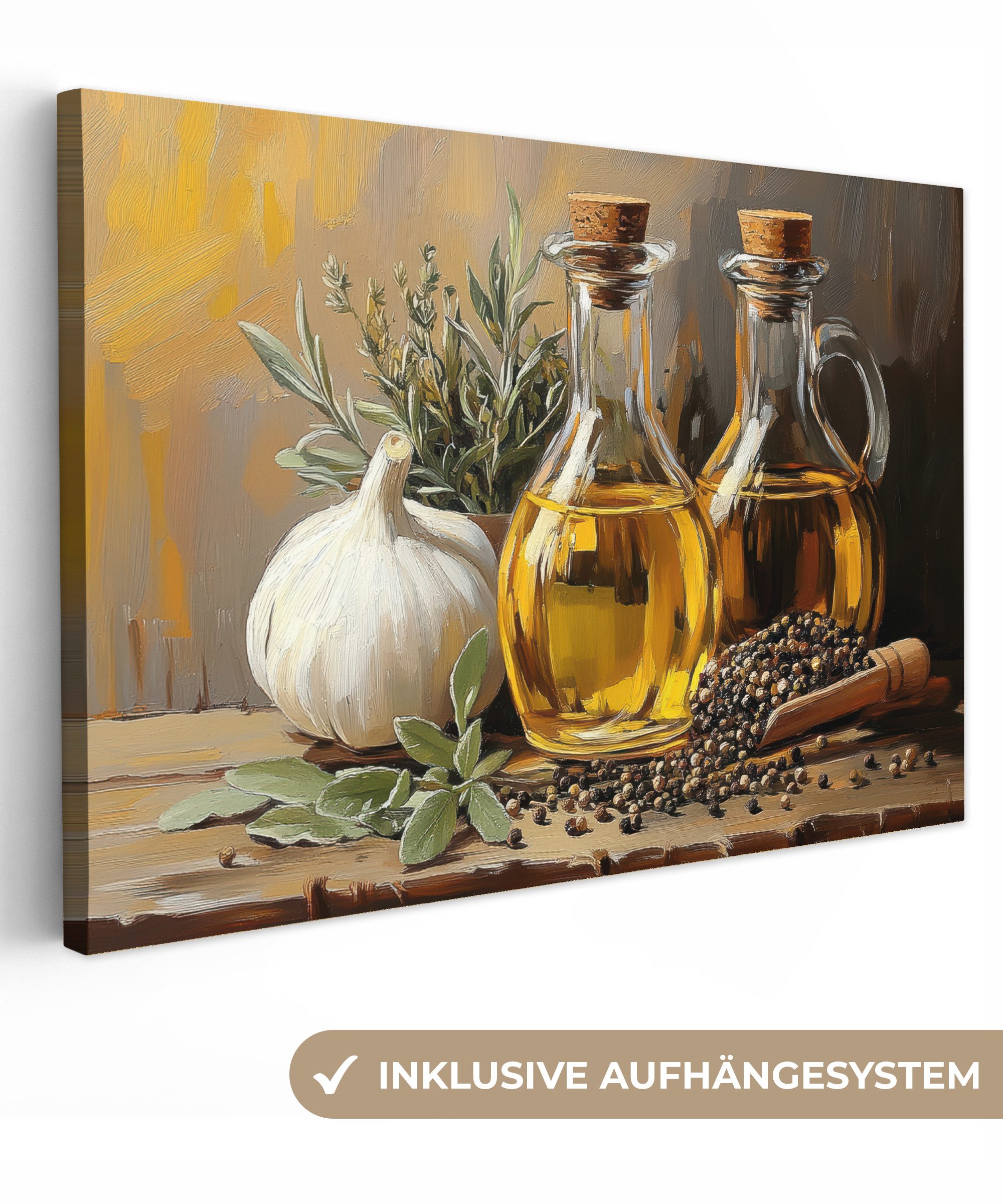OneMillionCanvasses® Leinwandbild Stilleben - Olivenöl - Knoblauch - Kräute günstig online kaufen