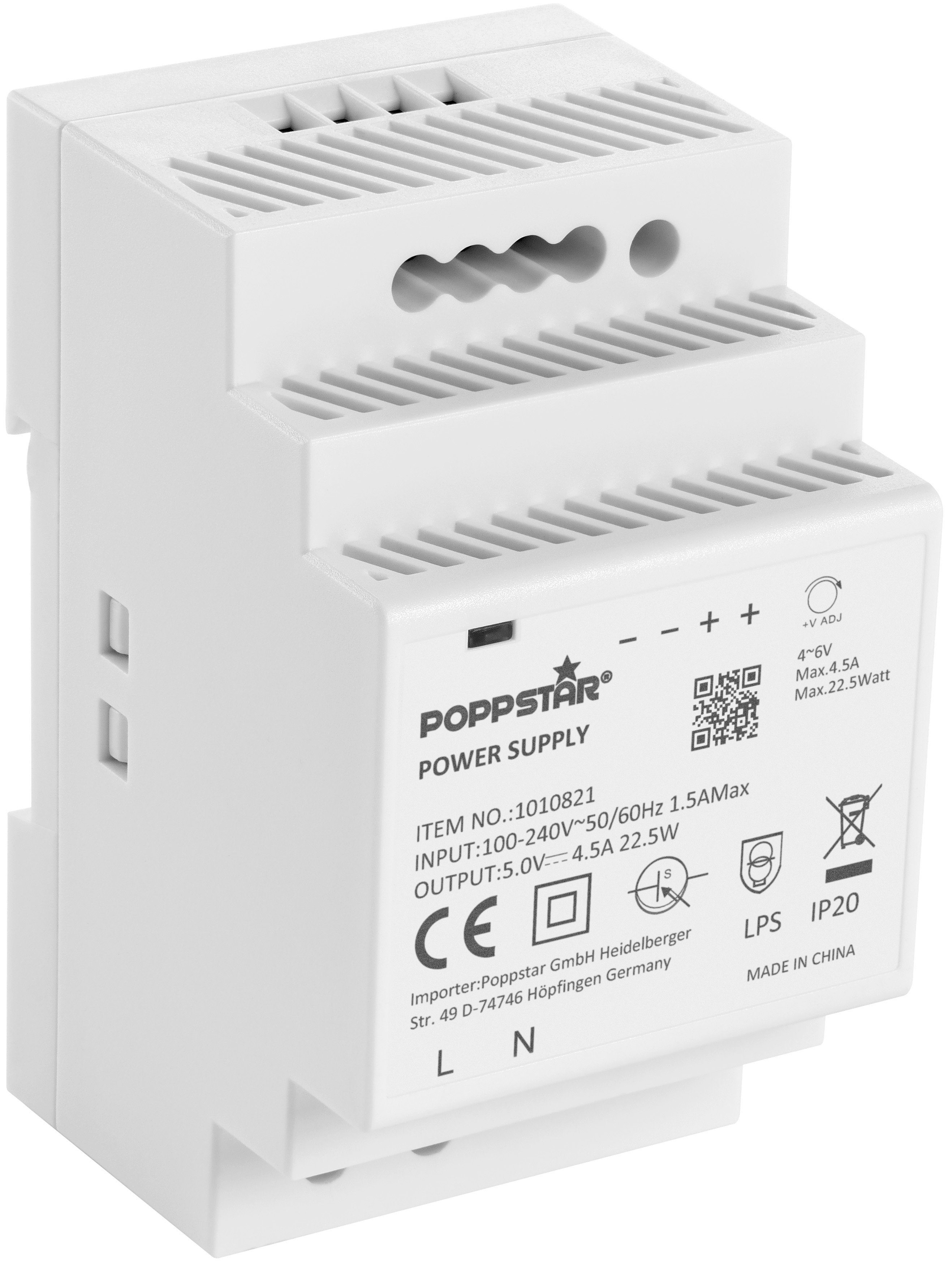 Poppstar DIN Rail Netzteil 5V DC 4,5A 22W Hutschienen-Netzteil (Klingeltrafo 5 V mit Kurzschlussschutz und Überstromschutz)
