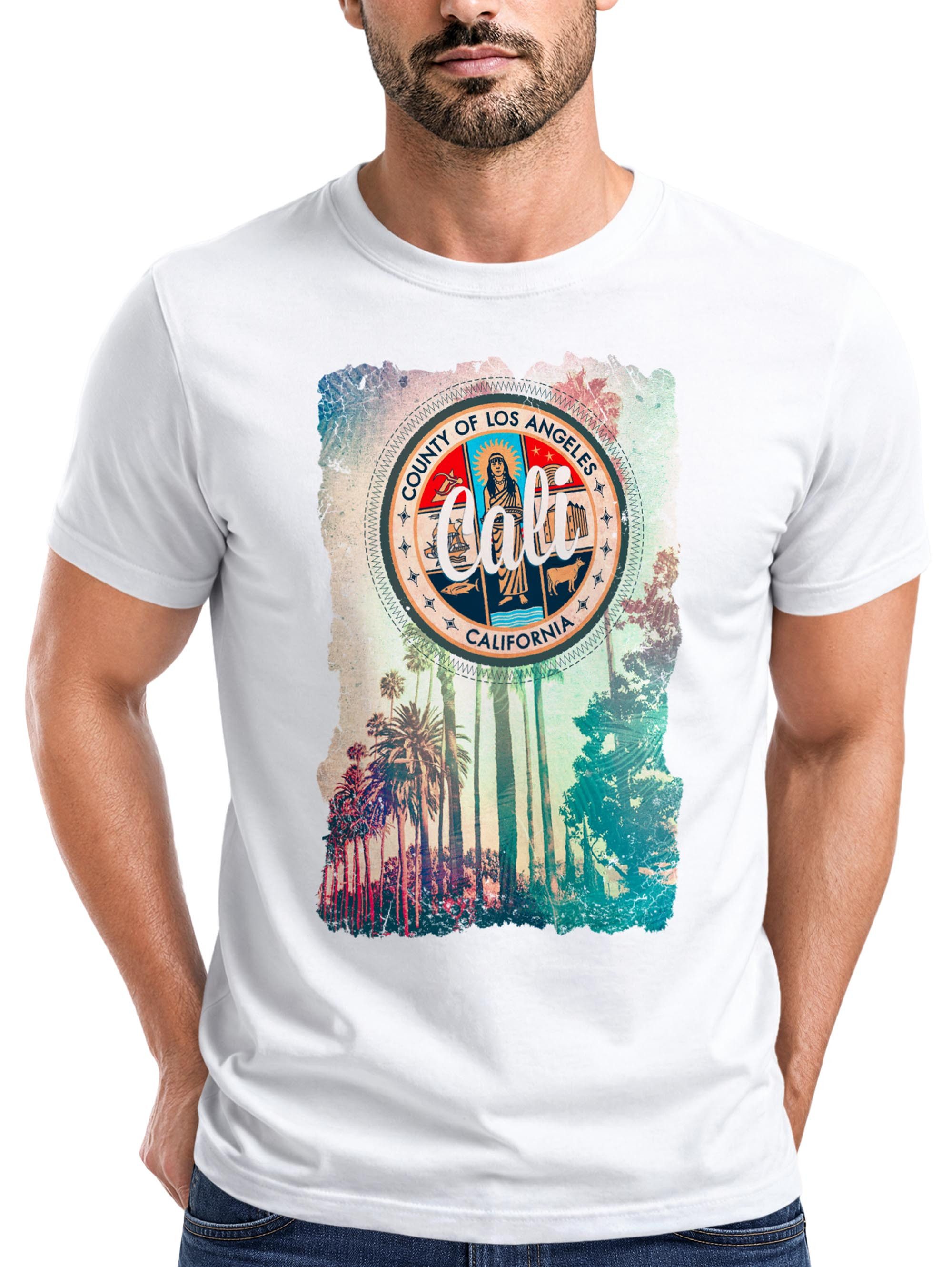 Print-Shirt Herren T-Shirt California Beach Sunset Palmen Retro Slim Fit