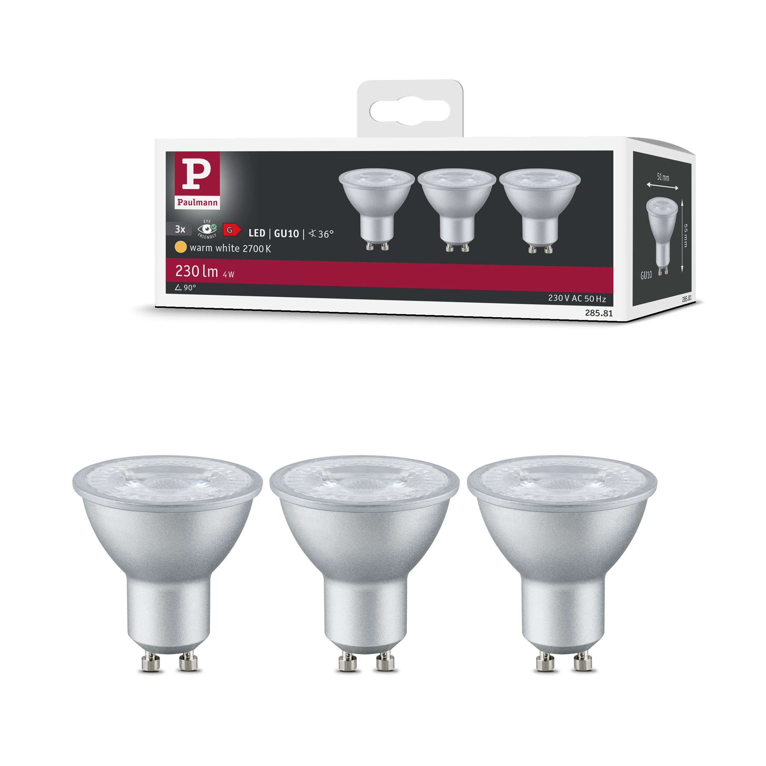 Paulmann LED-Leuchtmittel Standard 230V LED Reflektor GU10 3er-Set 3x230lm 3x4W 2700K Alu, GU10, 3 St.