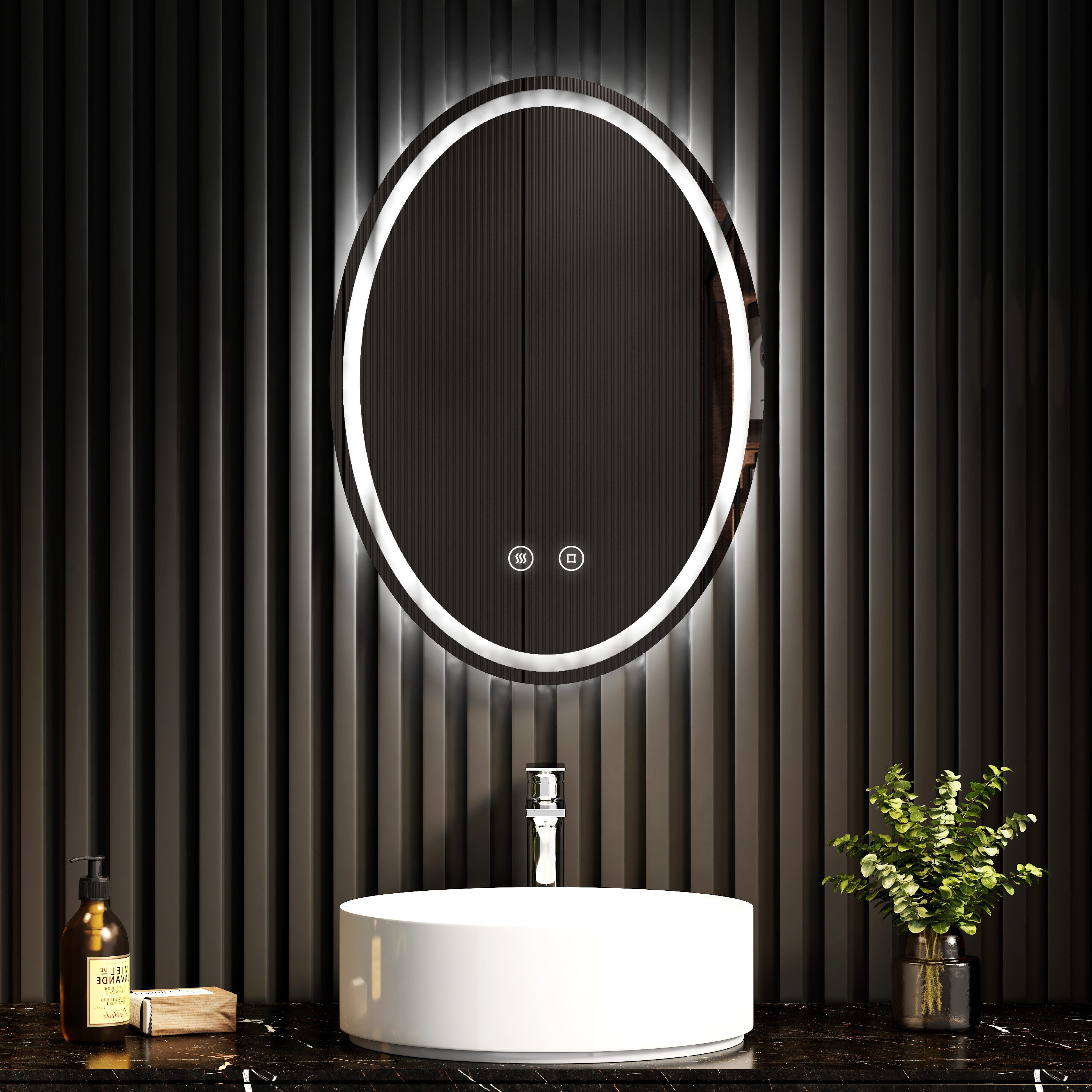 EMKE Badspiegel mit LED Beleuchtung oval, 3 Lichtfarben, Dimmbar, 50 × 70/60 × 80 cm, mit Memory-Funktion, Antibeschlag, Touch, automatische Abschaltung
