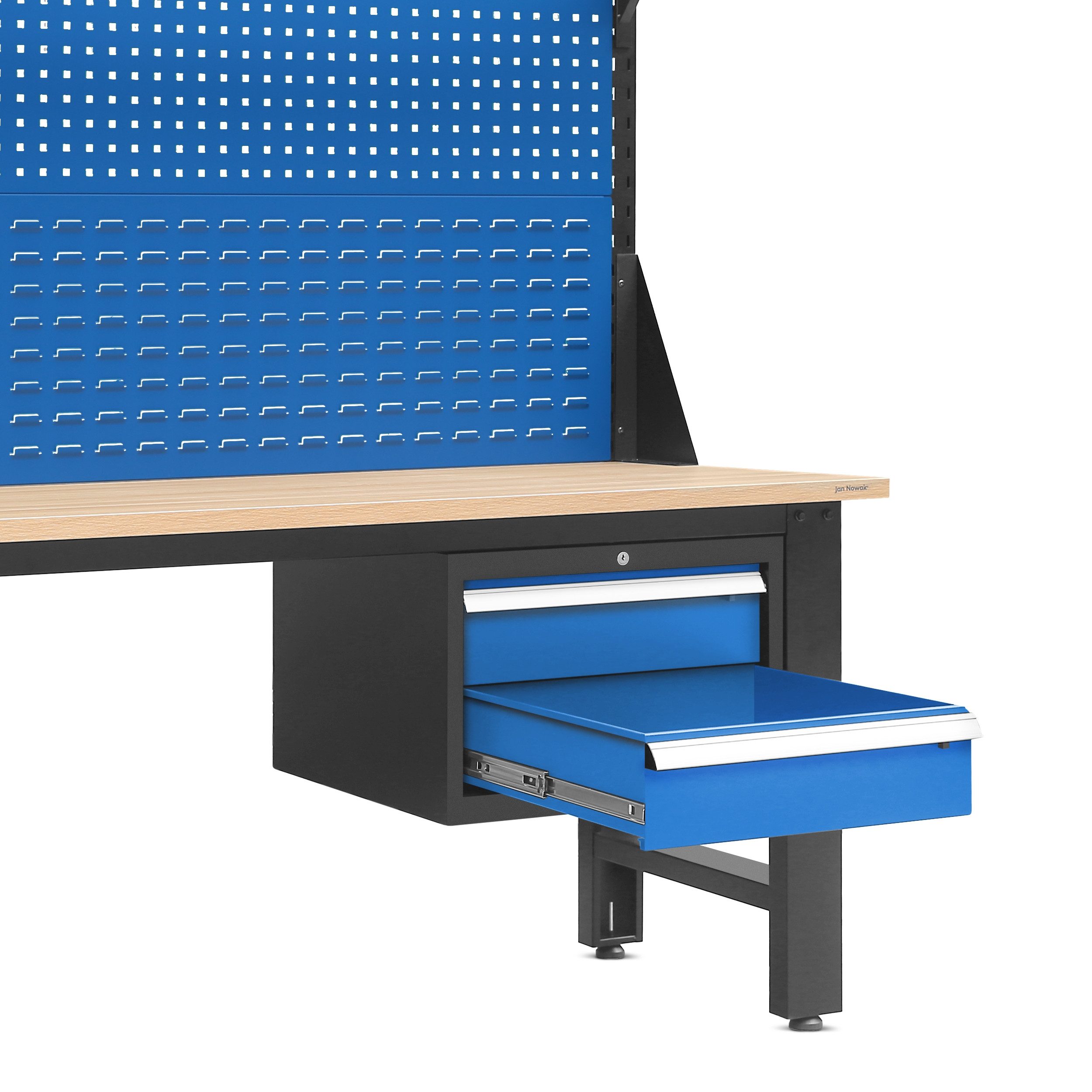 Jan Nowak Werkbank Werkstatttisch LOGAN 150 cm Lochwand Aufsatz 2 Schubladen, (Stahl 0,8-1,5 mm 170 x 150 x 75 cm verstellbare Füße 89 kg), Werktisch abschließbar 600 kg laminierte Platte Lampenhalter