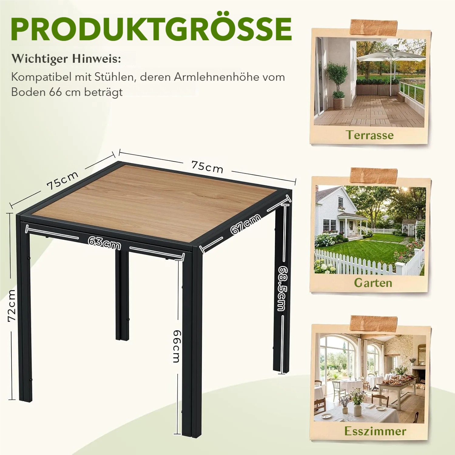 TLGREEN Gartentisch 75×75×72 cm, DPC Balkontisch, (Quadratischer Terrassentisch mit Metallgestell), Rutschfester Esstisch Outdoor für Kleinen Balkon