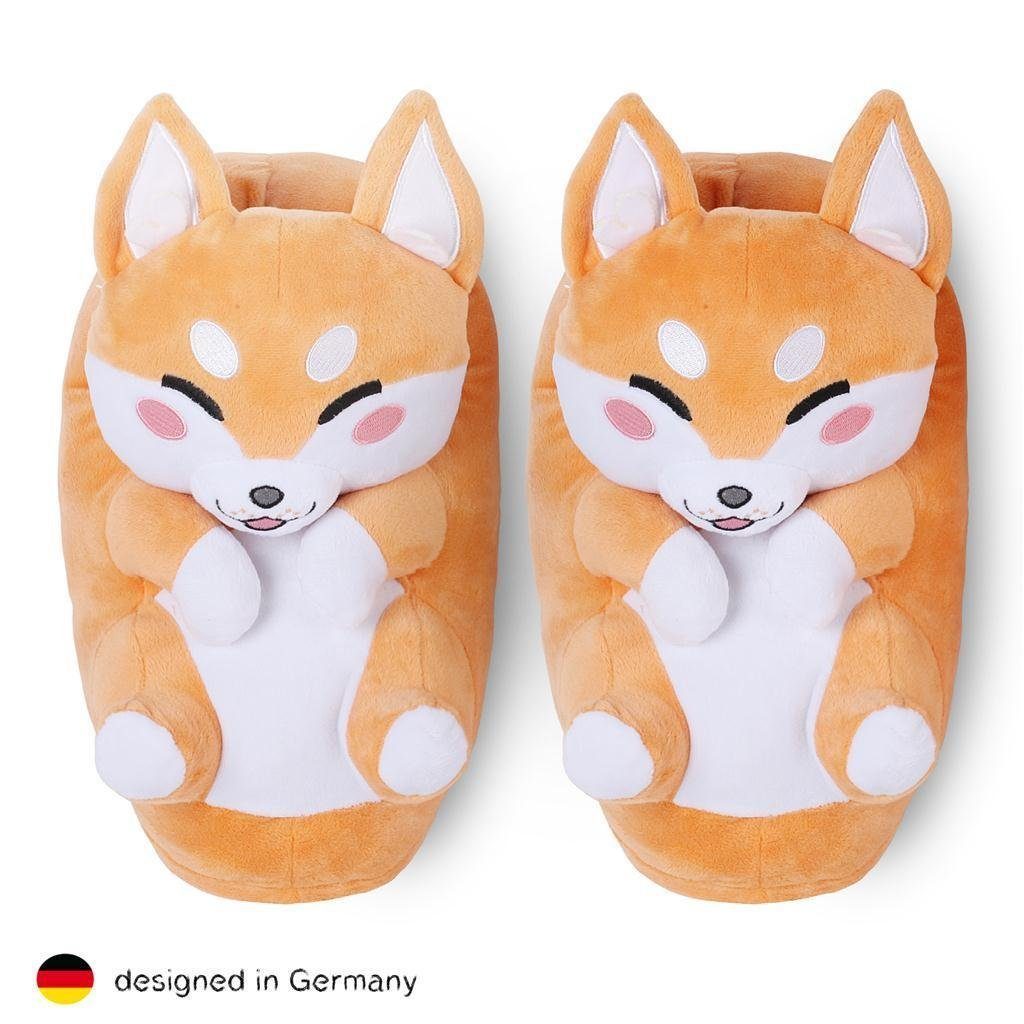 Corimori Tier Pantoffeln für Erwachsene Einheitsgröße 34-44 Plüsch Hausschuhe (Packung, Geschenk) EU Einheitsgröße 34-44, Akito der Shiba Inu, für Kinder und Erwachsene