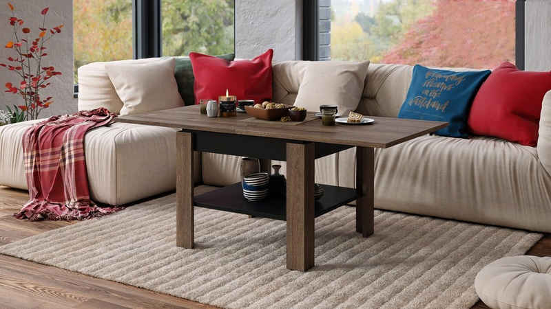 Mazzoni Couchtisch Design Tisch Leo Eiche dunkel - Schwarz matt aufklappbar 65 - 130cm