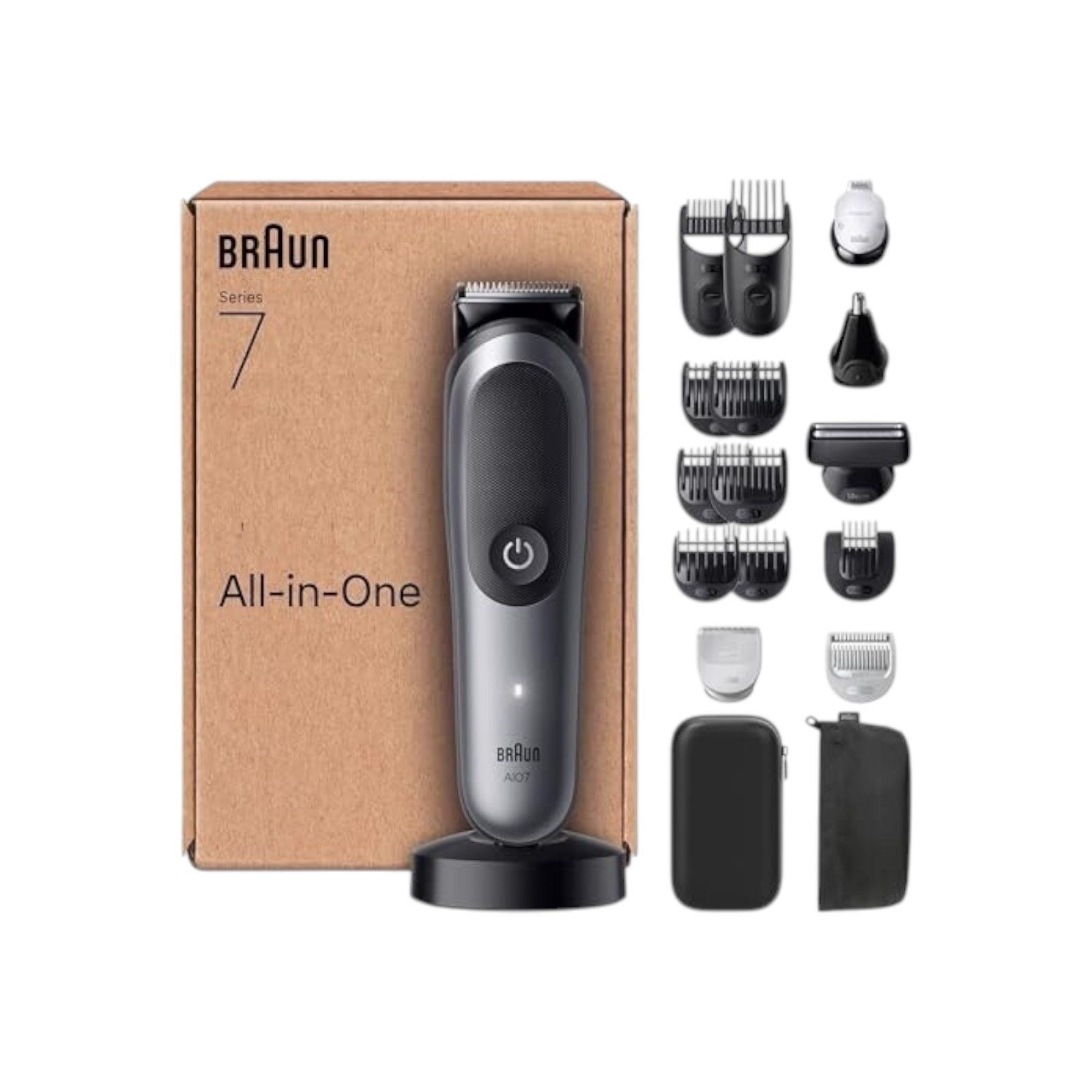 Braun Multifunktionstrimmer All-in-One Триммеры-Set 7, 18-in-1, für Gesicht, Kopf und Körper, Grau, 14 Длинаn (3–21 mm), Wasserdicht, 120 Min Akku