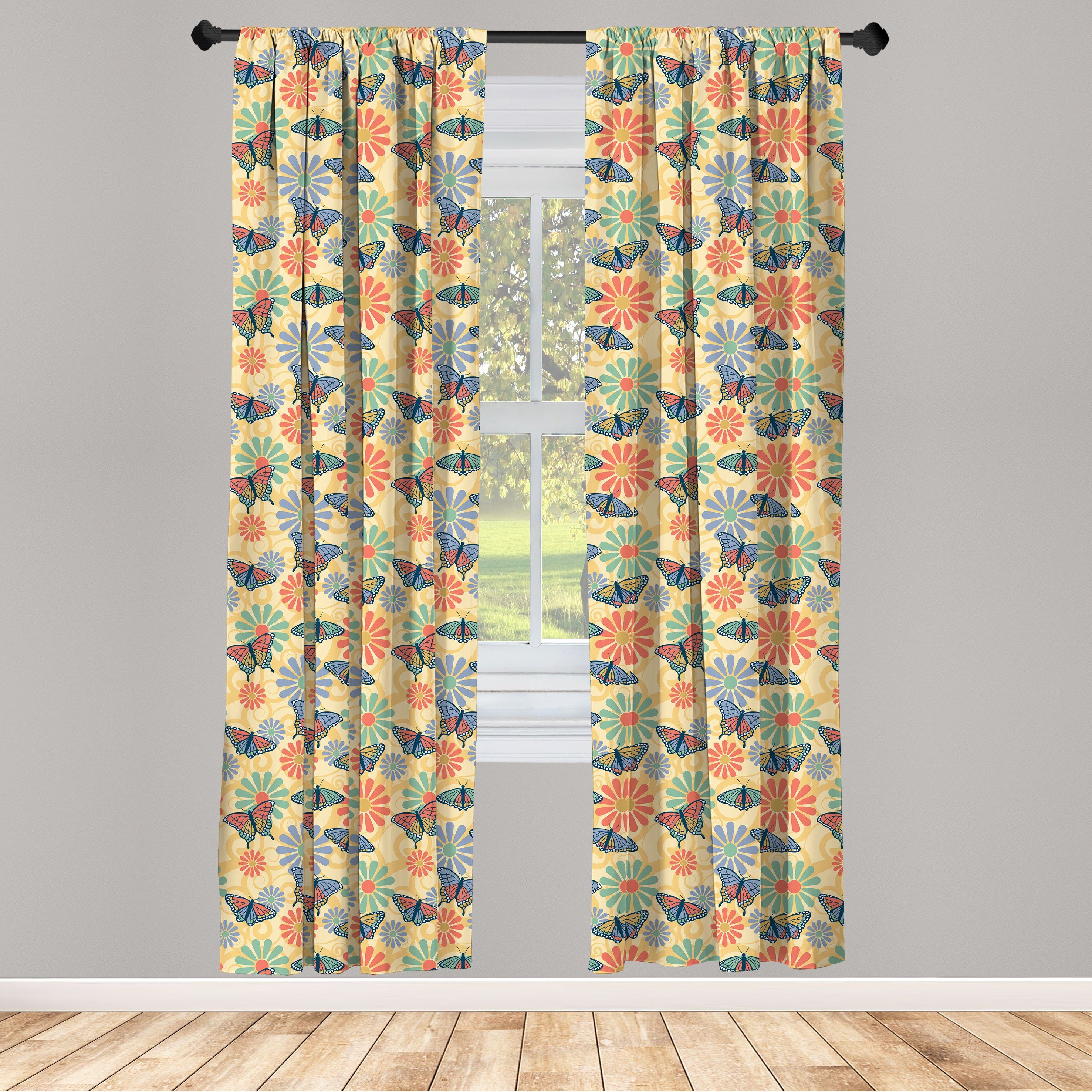 Gardine Vorhang für Wohnzimmer Schlafzimmer Dekor, Abakuhaus, Microfaser, Motte Schmetterlinge um Blüten