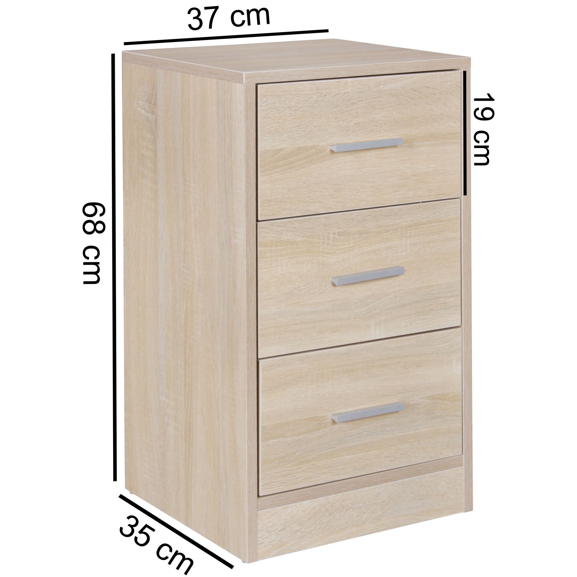 Wohnling Nachtkonsole Nachtschrank Kommode Nachttisch Schublade Schlafzimmer Boxspring 68 cm (Nachttisch mit 3 Schubladen Sonoma 37,5x68x35 cm), Nachtkästchen Boxspringbett, Nachtkommode Modern