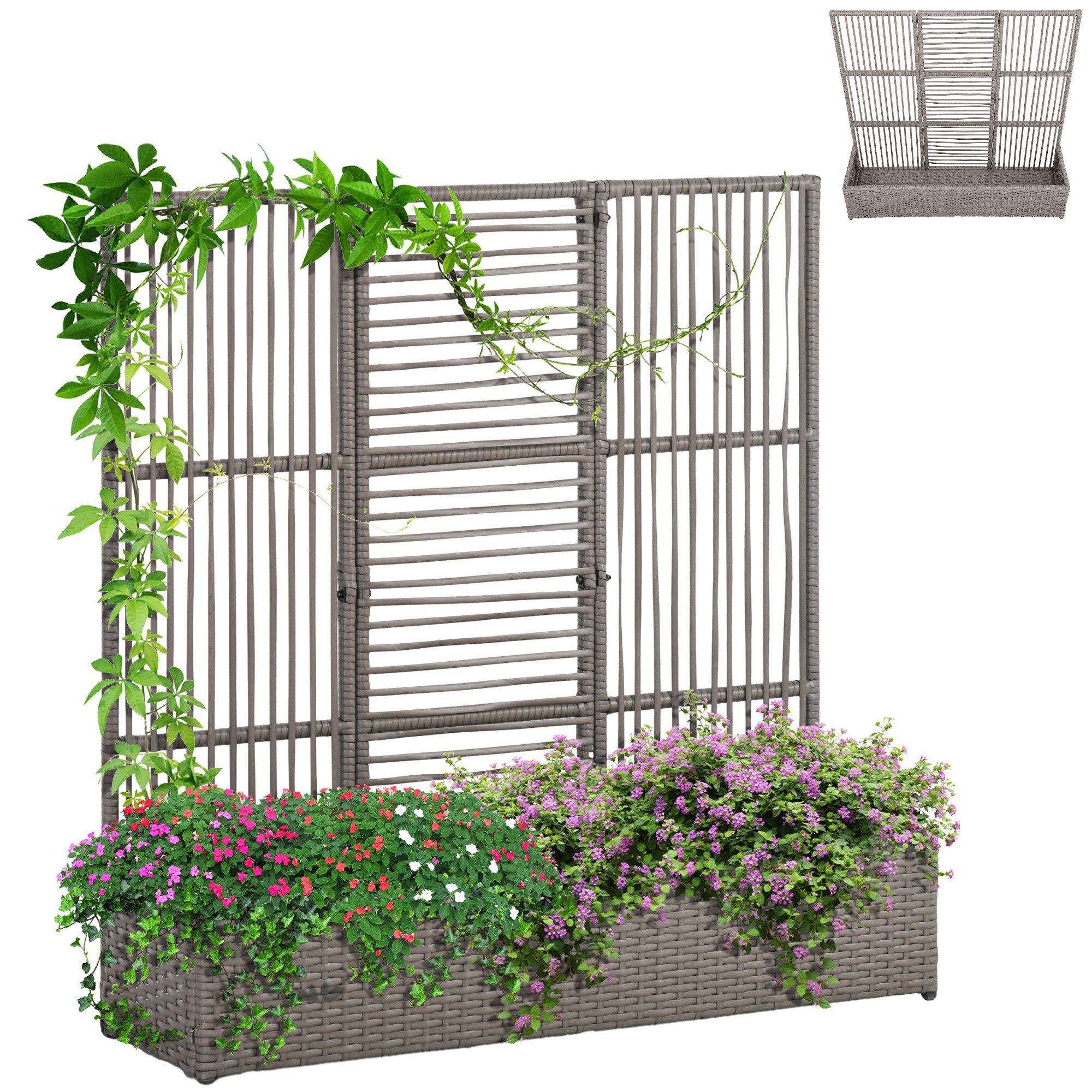 Outsunny Hochbeet Hochbeet mit Rankgitter in Rattan-Optik Blumenbeet für Balkon (Blumenkasten, 1 St., Pflanzkasten), für Garten, Balkon, 103 x 29 x 103 cm Grau – Bild 2 von 5