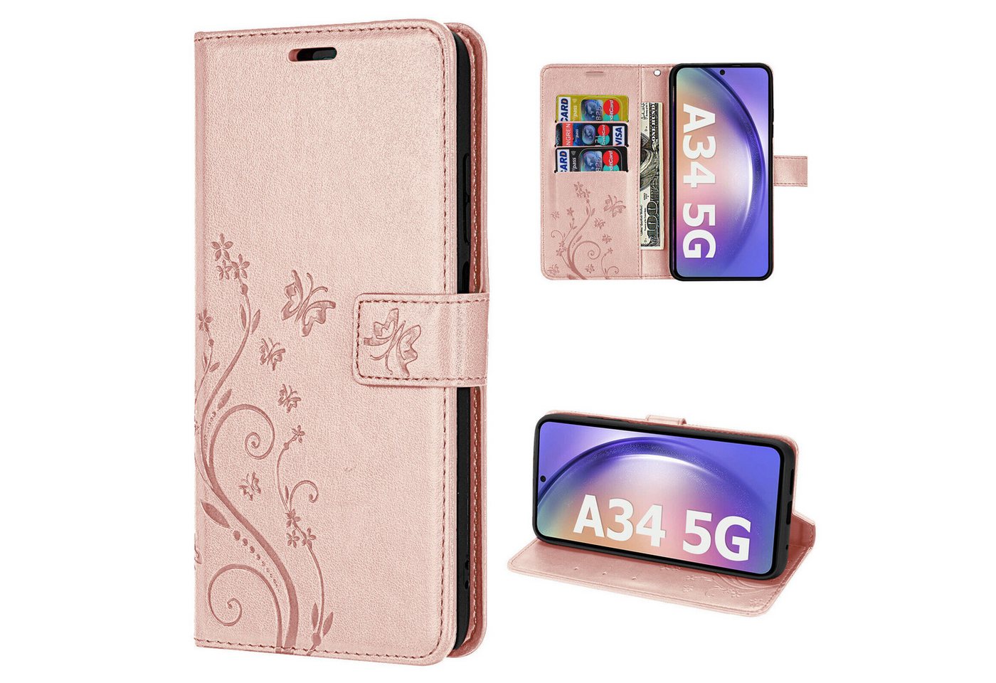 betterfon Handyhülle Handytasche für Samsung Galaxy A34 5G Klapphülle, Bookstyle-Hülle: Magnetverschluss 3 Kartenfächer & Standfunktion