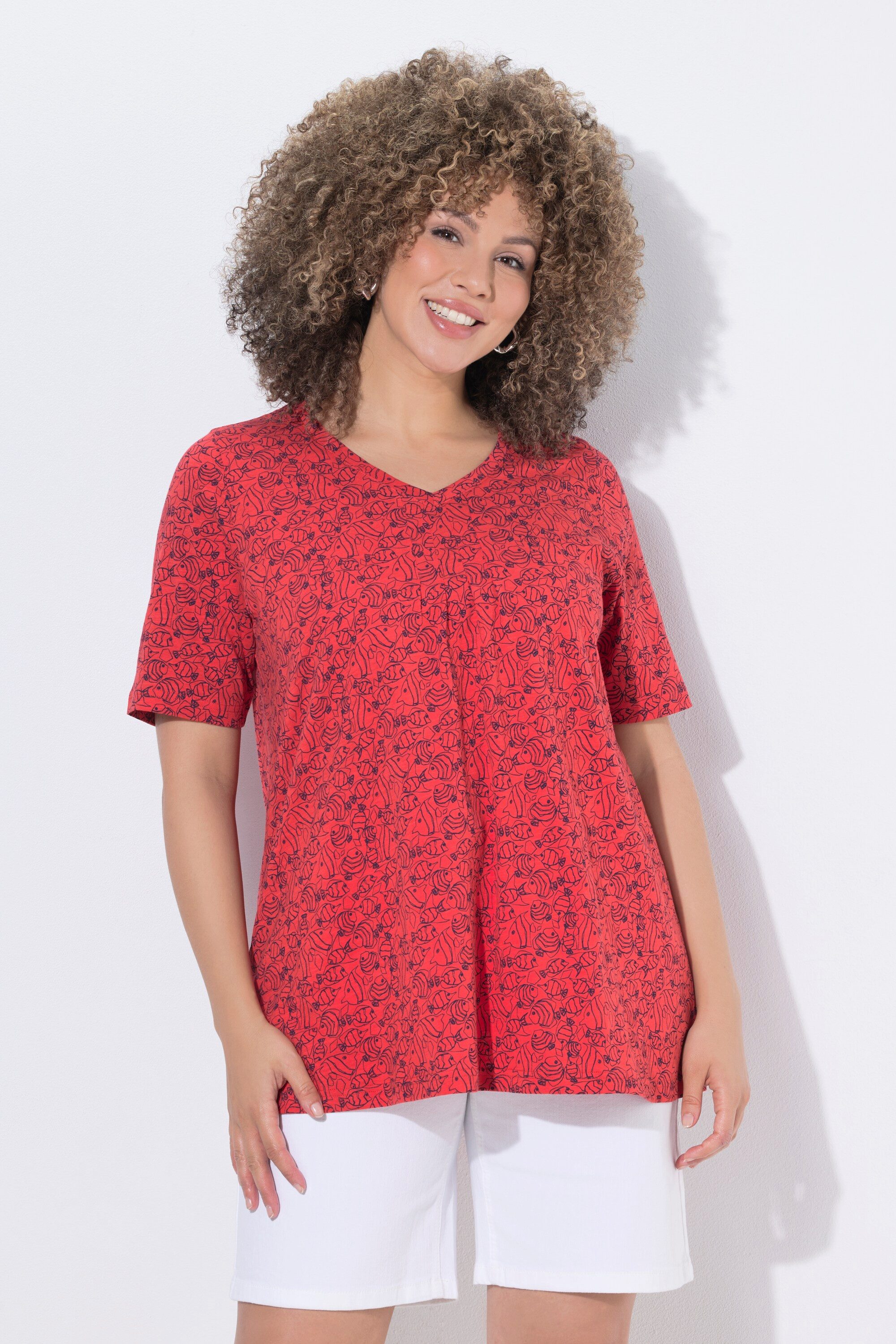 T-Shirt T-Shirt Fische Zierfalten V-Ausschnitt Halbarm