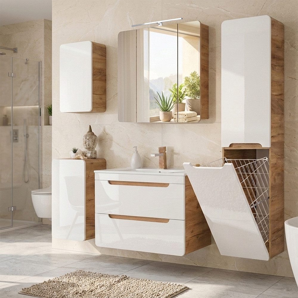 Lomadox Badmöbel-Set LUTON-56, (Spar-Set, 5-St., Hängeschrank Spiegelschrank Unterschrank Waschbeckenschrank), Hochglanz weiß mit Eiche, LED-Beleuchtung, Waschtisch 80 cm
