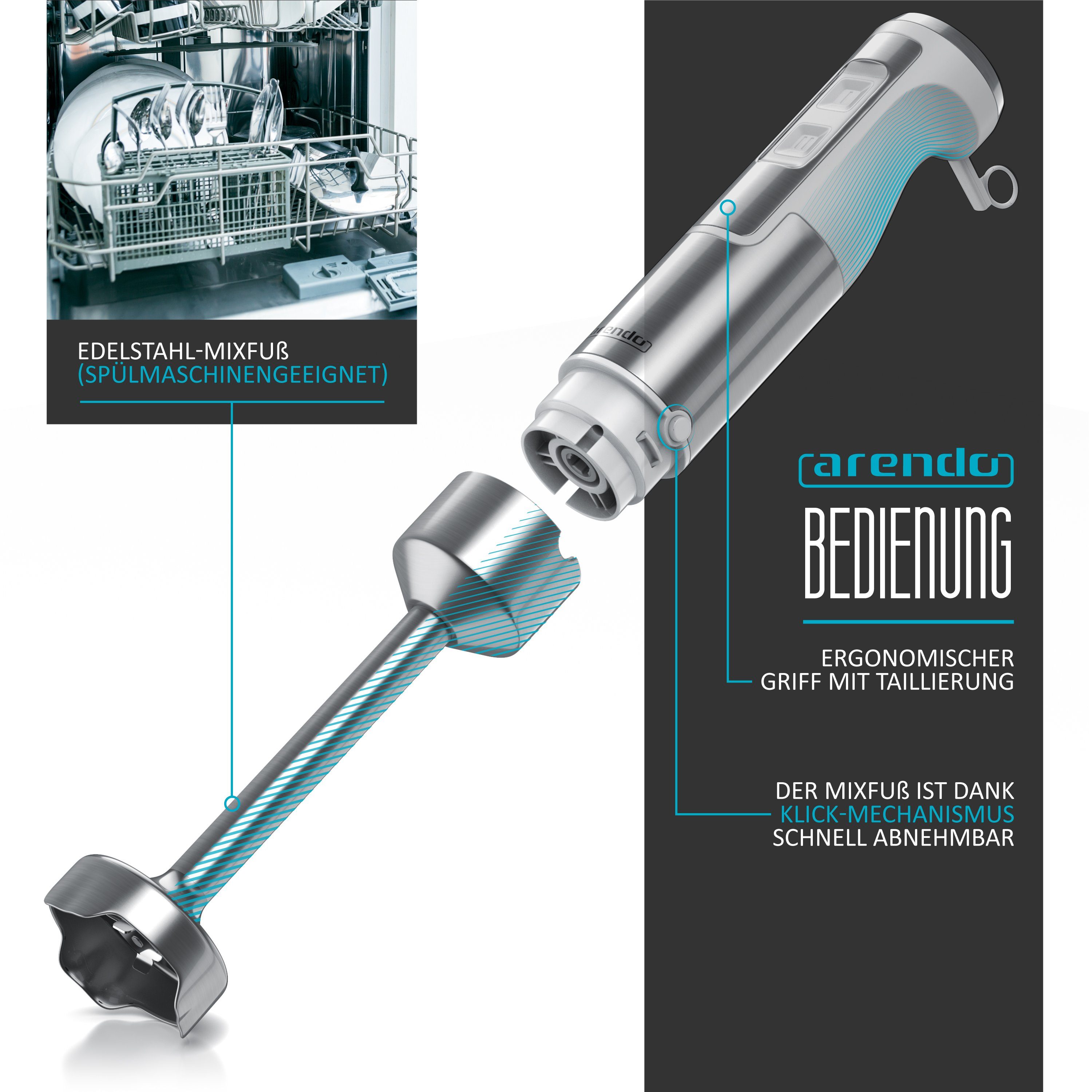 Arendo Stabmixer Edelstahl Pürierstab, Handmixer, stufenlose Regelung, weiß, 1000 W, Turbotaste, Abnehmbarer Mixfuß, GS-Zertifiziert