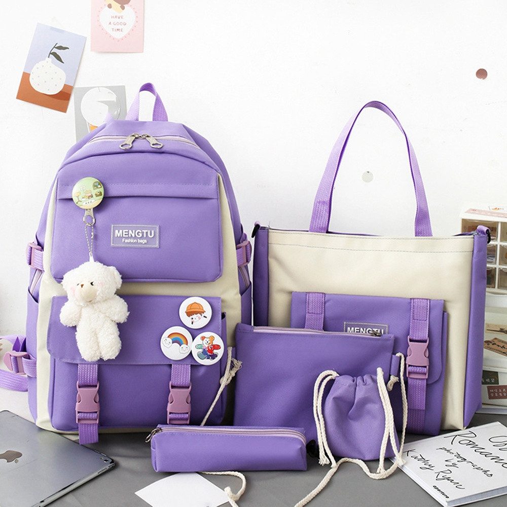 Zaewry Schulrucksack 5-teiliges Kawaii-Rucksack für Mädchen, Laptop-Tasche,Freizeitrucksack