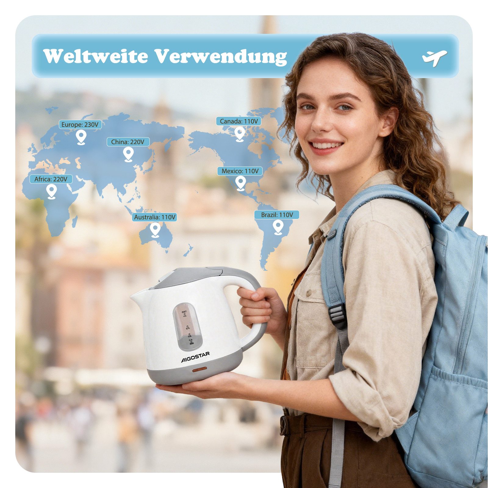 Aigostar Wasserkocher Mini Wasserkocher Klein 1L, Reisewasserkocher mit Abnehmbarer Filter, 1 l, 1100,00 W, BPA-Frei, Niedriger Stromverbrauch, Kompakt & Leicht, für Reisen