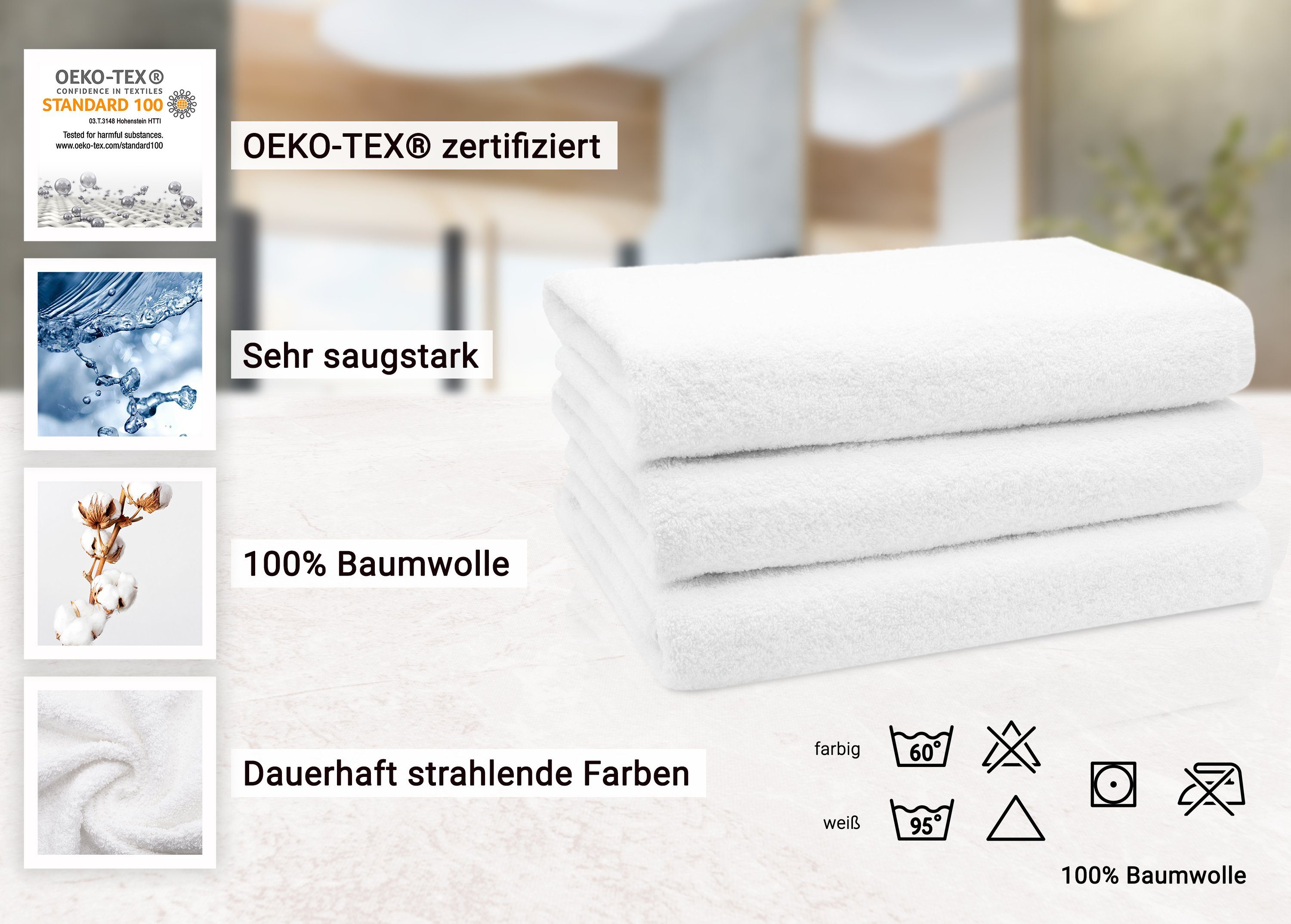 Duschtücher, ZOLLNER Walkfrottier Baumwolle, (3-St), 70 140 x 100% vom weiß Hotelwäschespezialisten cm,
