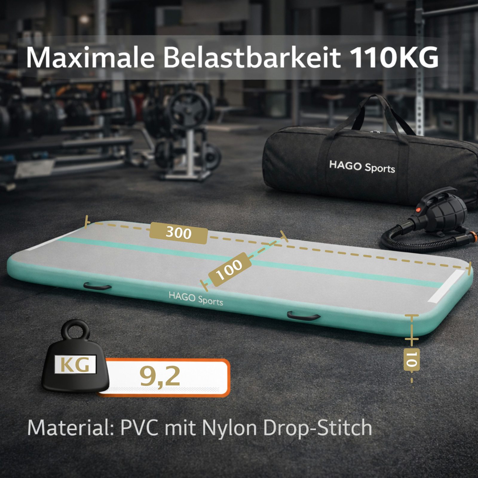 HAGO Sportmatte AirTrack Turnmatte Tumbling Gymnastikmatte Tumblingmatte aufblasbar (1-St), Rutschfest, aufblasbar, Tragegriffe