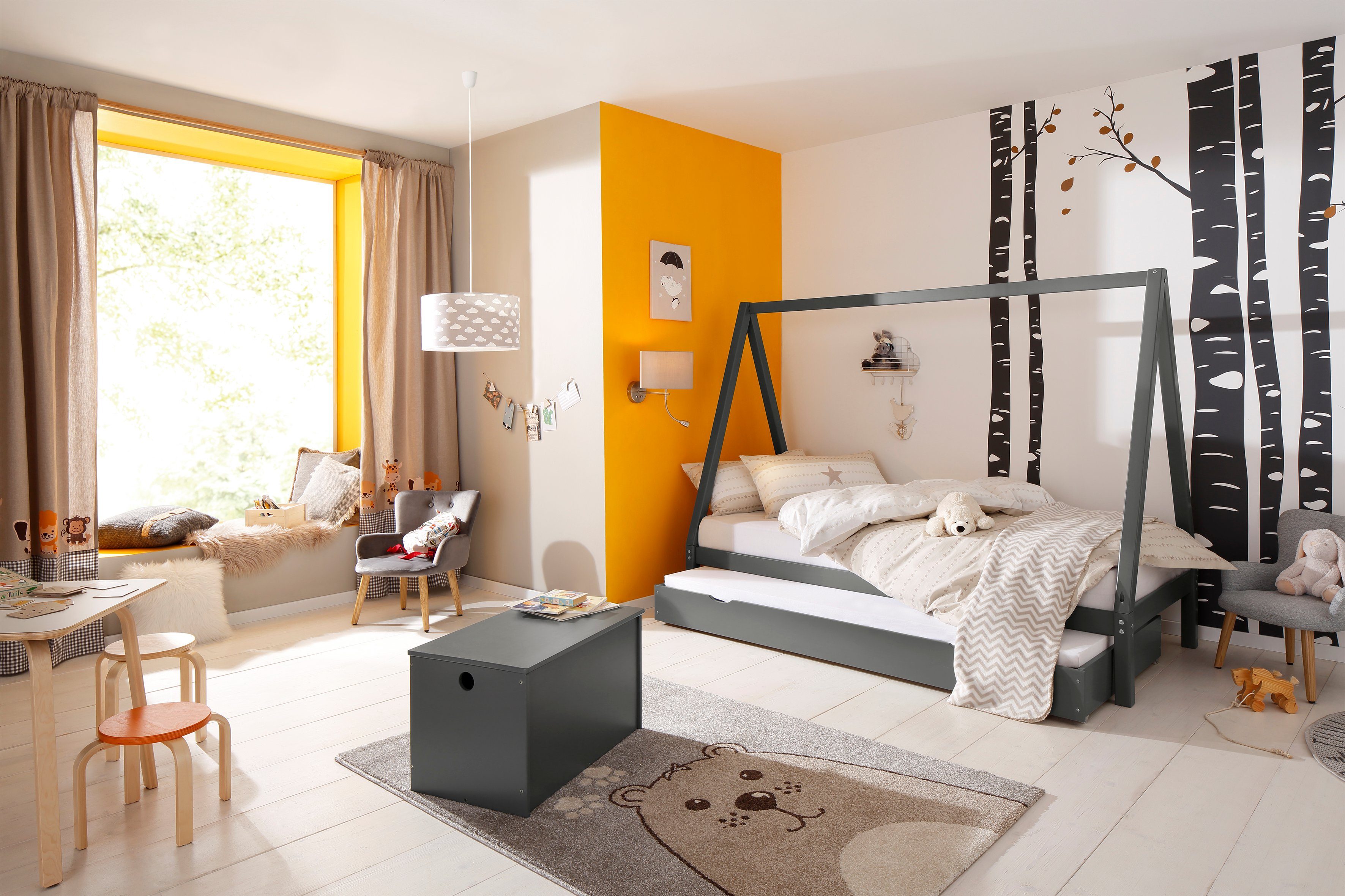 grau Tipizelt-Optik, Hausbett, Alpi, cm Lüttenhütt Kiefernholz, einer Liegefläche Kinderbett 90x200 in
