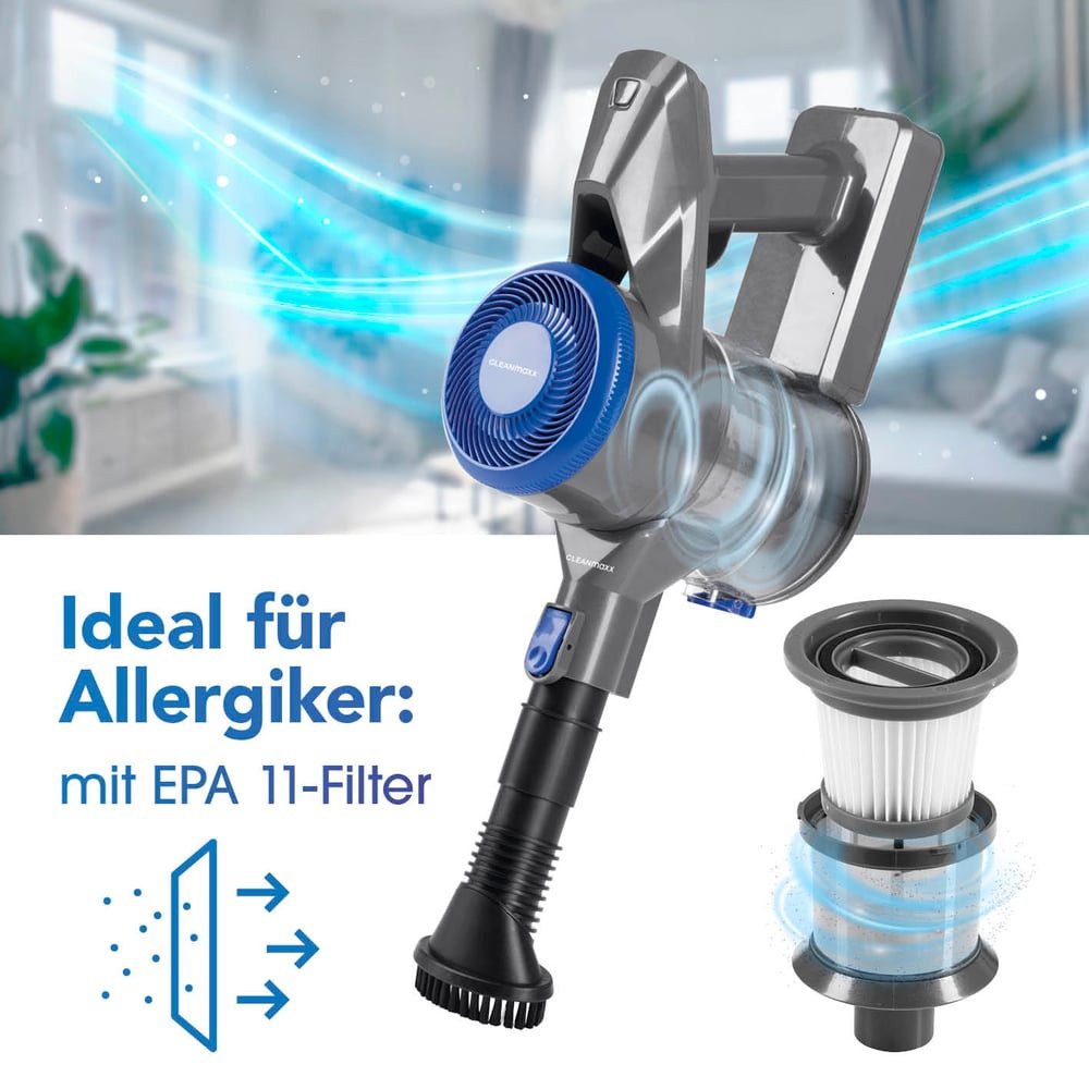 CLEANmaxx Zyklon Hybrid Staubsauger Akku-Zyklonstaubsauger Hand- und Bodenstaubsauger mit EPA11-Filter, beutellos, kabellos mit Filter und Akkulaufzeit bis zu 45 min, LED-Funktion