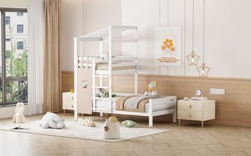 IDEASY Holzbett Kinderbett 90x200, Etagenbett mit Dachschräge, (21 cm über dem Boden), hochwertiger Lattenrost aus Massivholz, grau/weiß