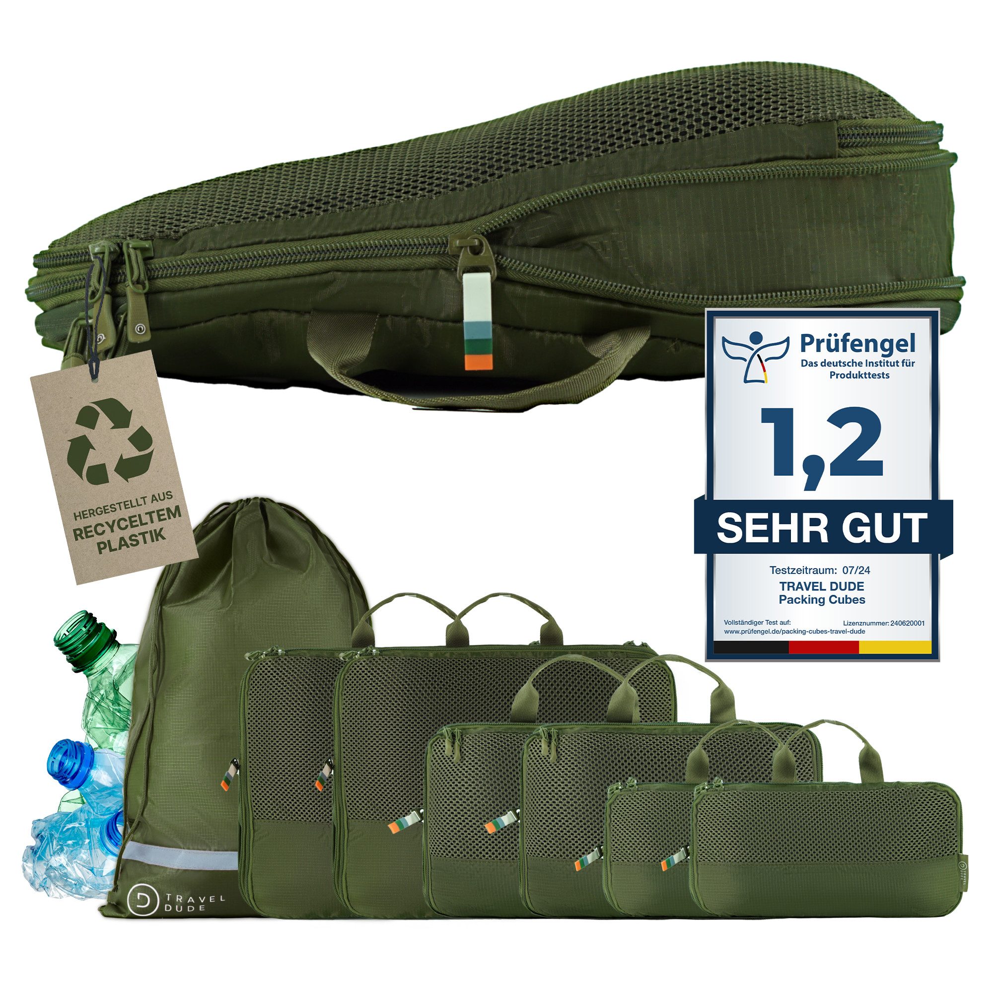 TRAVEL DUDE Kofferorganizer, Packing Cubes aus recycelten Plastikflaschen (ultraleichte Packwürfel, 7-tlg., Packing Cubes für Rucksack und Koffer, Packtaschen), mit Kompression und einem Nassfach