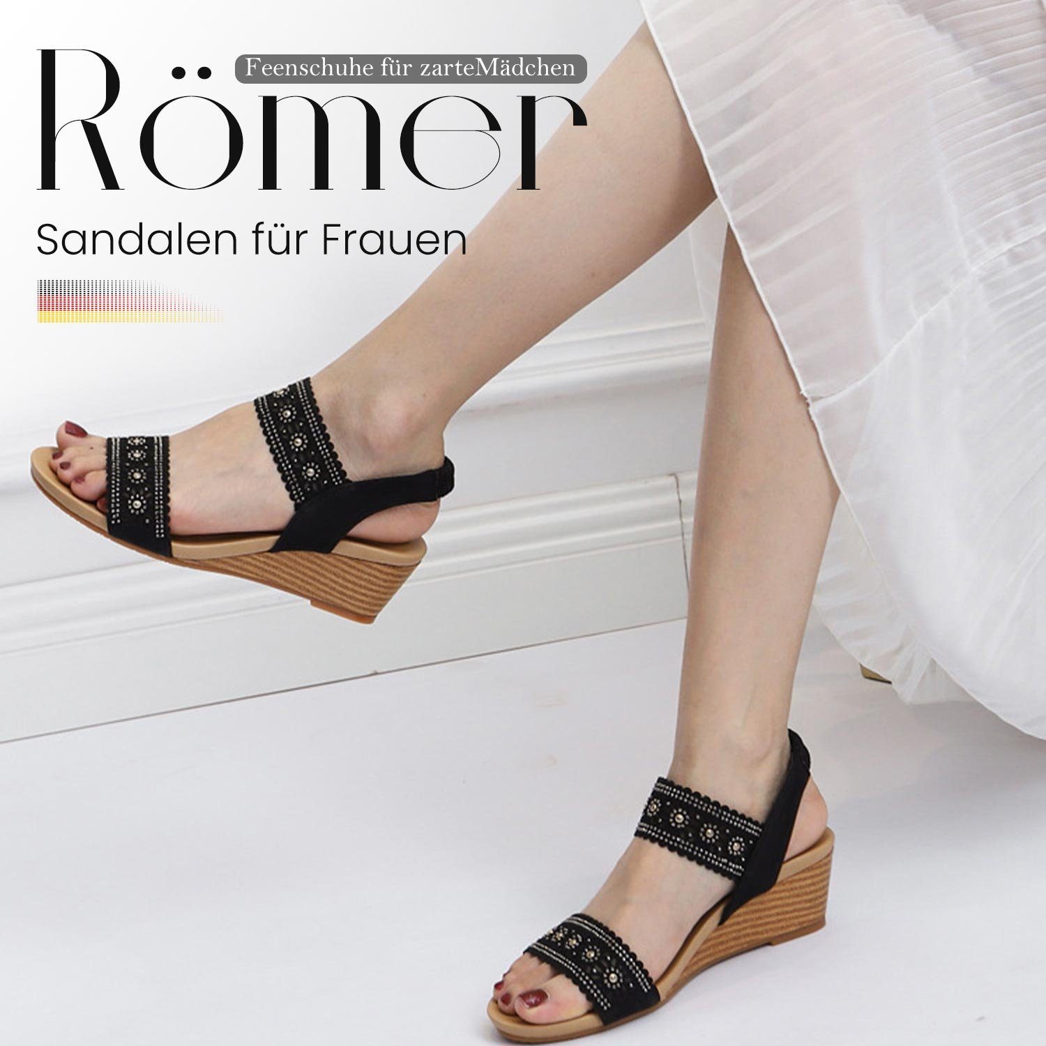 Riemchensandalen MAGICSHE Sommer Strand Dekoration Struktur schwarz Gewebte Sandalen mit Sandalette offene Heels, High Zehen