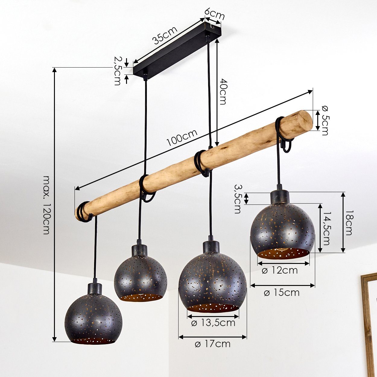 hofstein Pendelleuchte »Nave« 4-flammige Deckenlampe aus Metall in schwarz und kupferfarben, ohne Leuchtmittel, Vintage Look Pendellampe mit Holz in Natur, 4xE2 – Bild 5 von 5